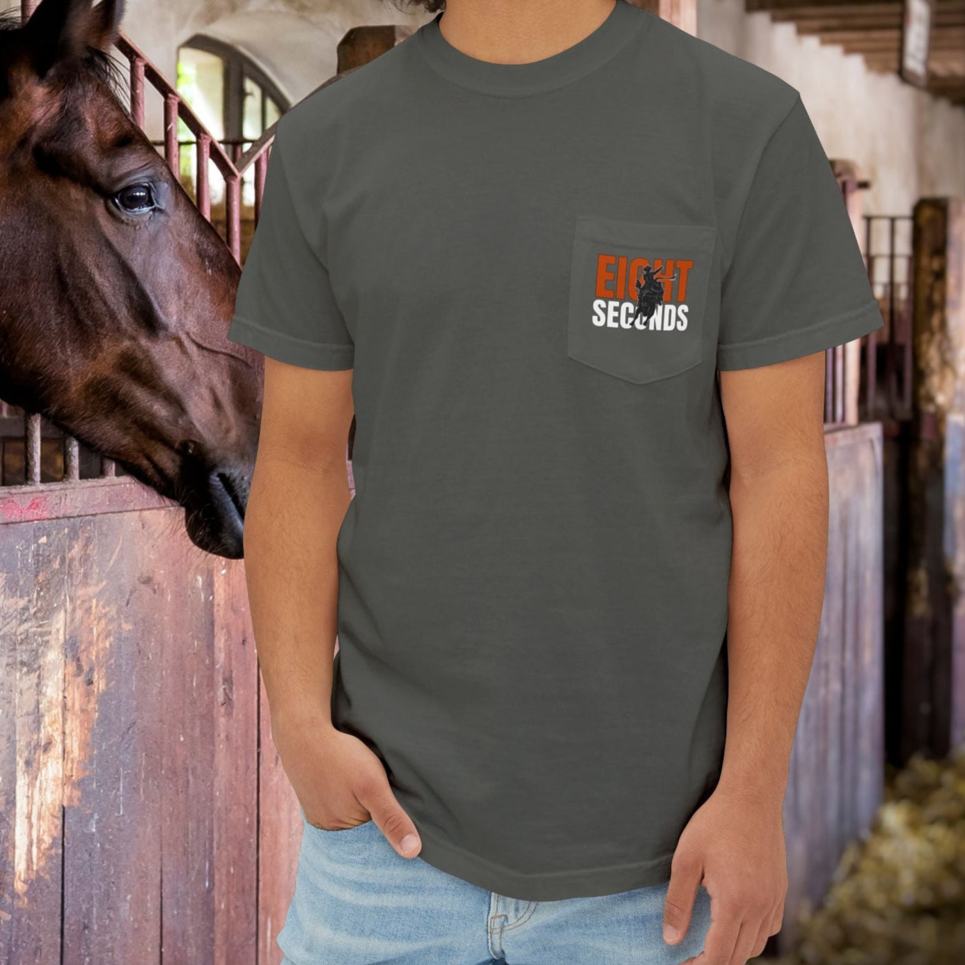 Bull Rider Pocket T-Shirt – Comfort Colors Cowboy Rodeo Art Tee for Men - FlooredByArt