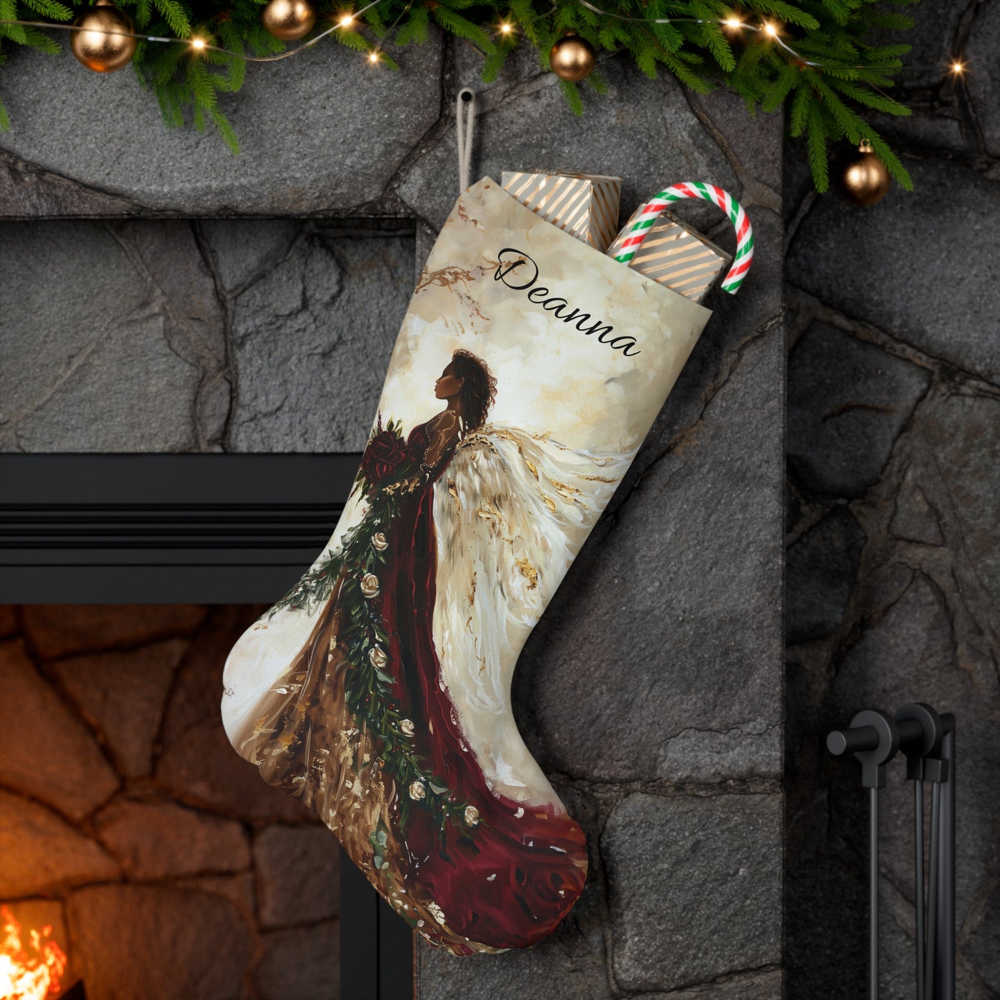 Burgandy Angel Christmas Stocking: Extra Large Family Christmas Decor, Original Artwork Design - FlooredByArt