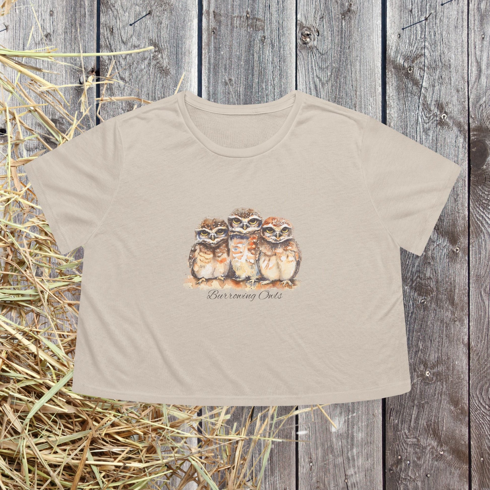 Burrowing Owl Crop Top T-Shirt – Watercolor Baby Owls Art on Bella + Canvas Tee - FlooredByArt