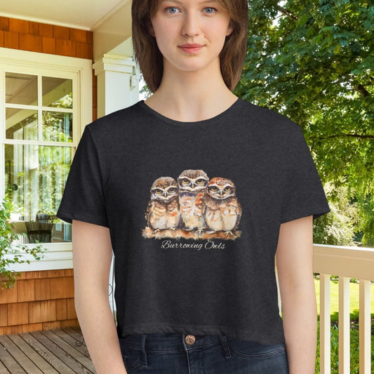 Burrowing Owl Crop Top T-Shirt – Watercolor Baby Owls Art on Bella + Canvas Tee - FlooredByArt