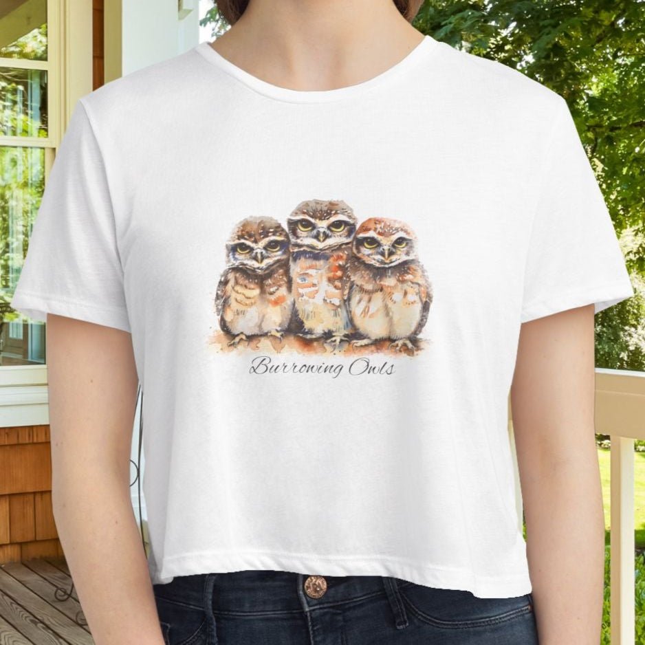 Burrowing Owl Crop Top T-Shirt – Watercolor Baby Owls Art on Bella + Canvas Tee - FlooredByArt