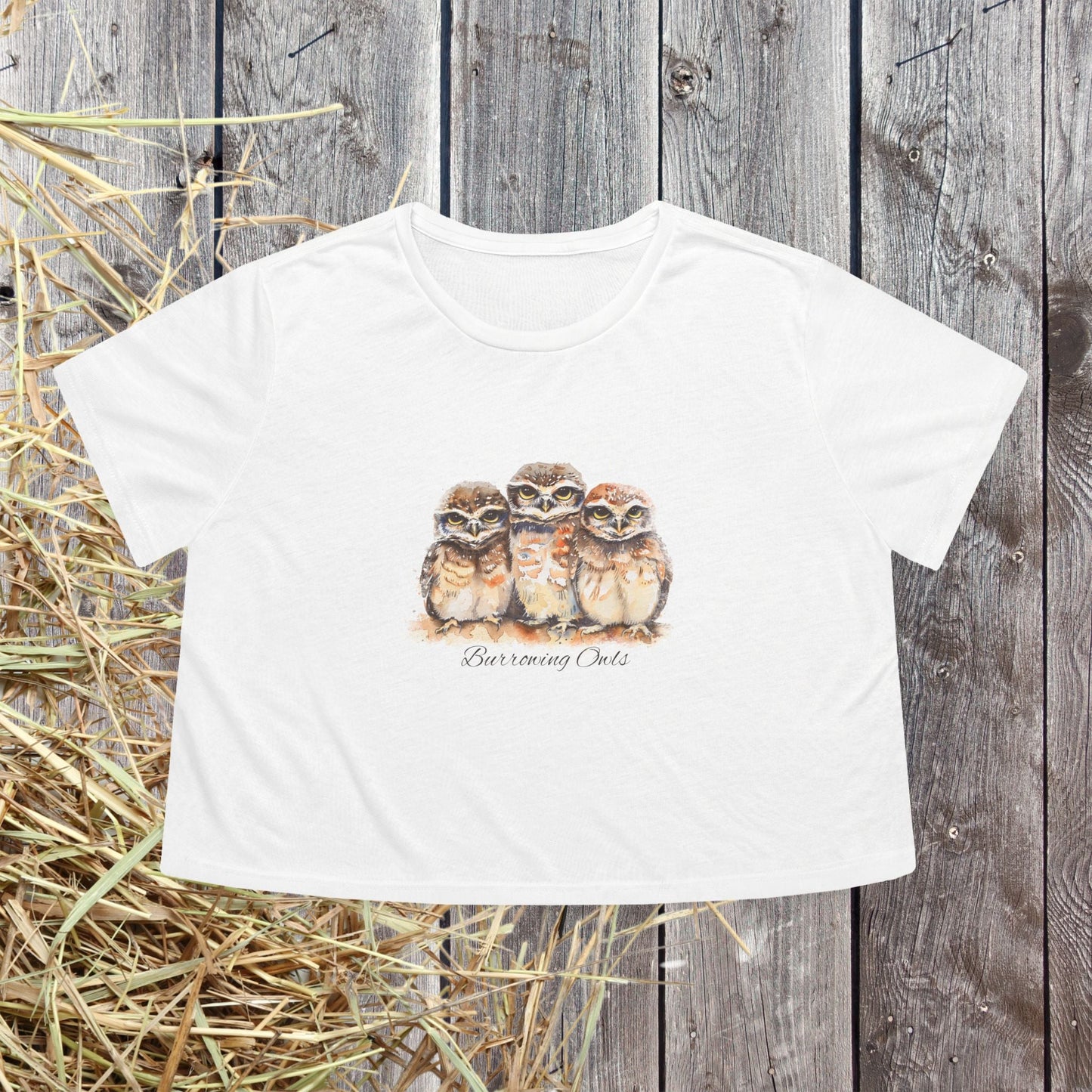 Burrowing Owl Crop Top T-Shirt – Watercolor Baby Owls Art on Bella + Canvas Tee - FlooredByArt