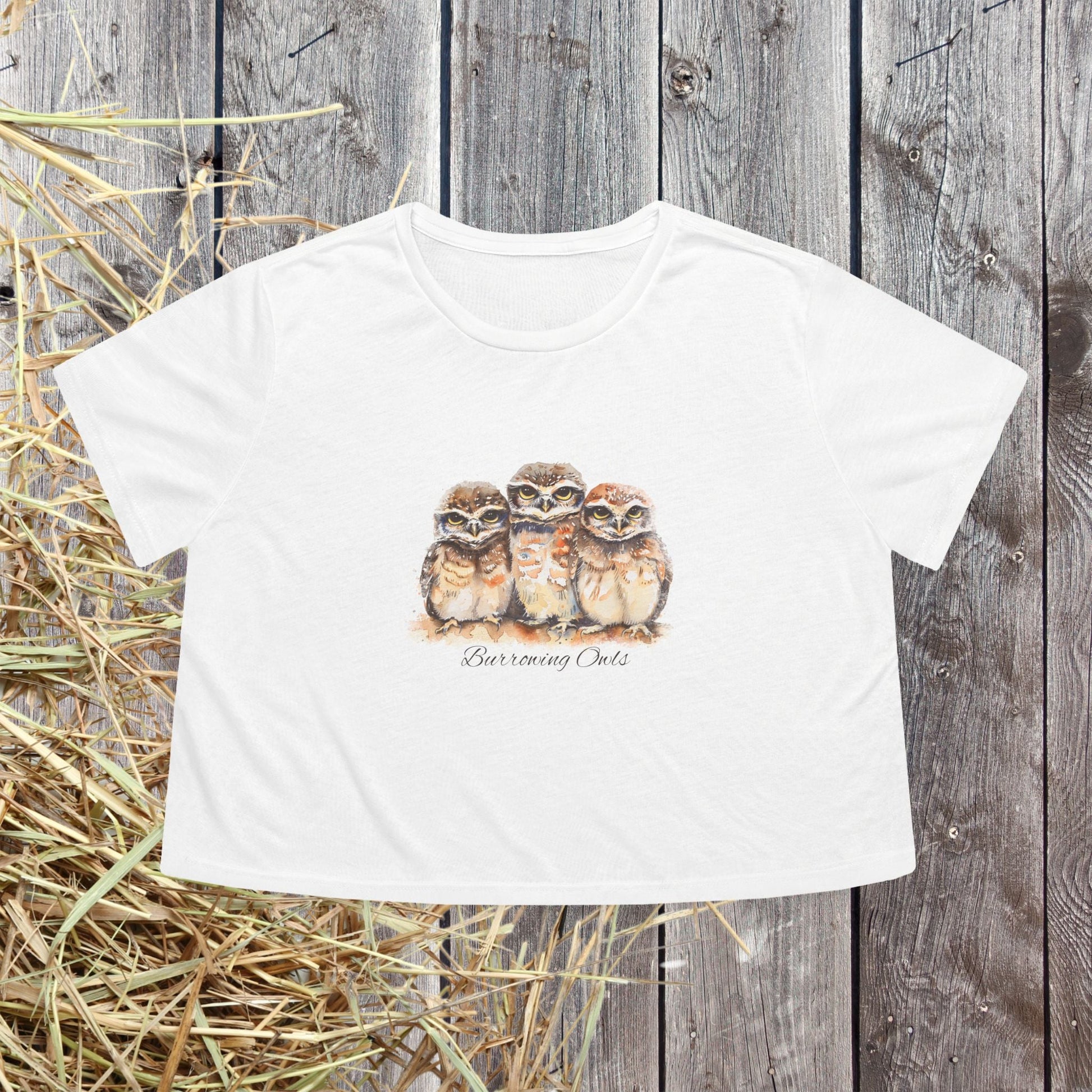 Burrowing Owl Crop Top T-Shirt – Watercolor Baby Owls Art on Bella + Canvas Tee - FlooredByArt