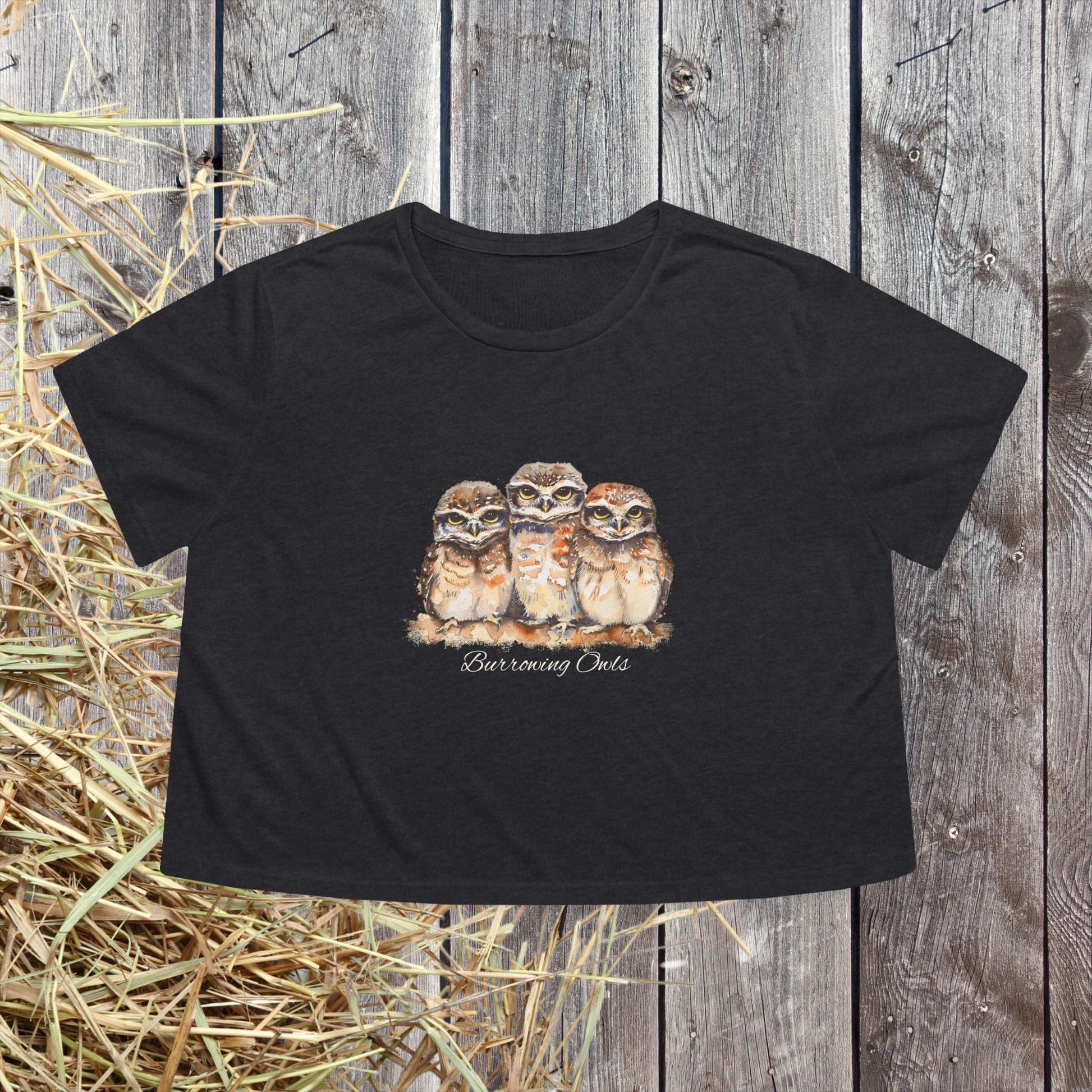 Burrowing Owl Crop Top T-Shirt – Watercolor Baby Owls Art on Bella + Canvas Tee - FlooredByArt
