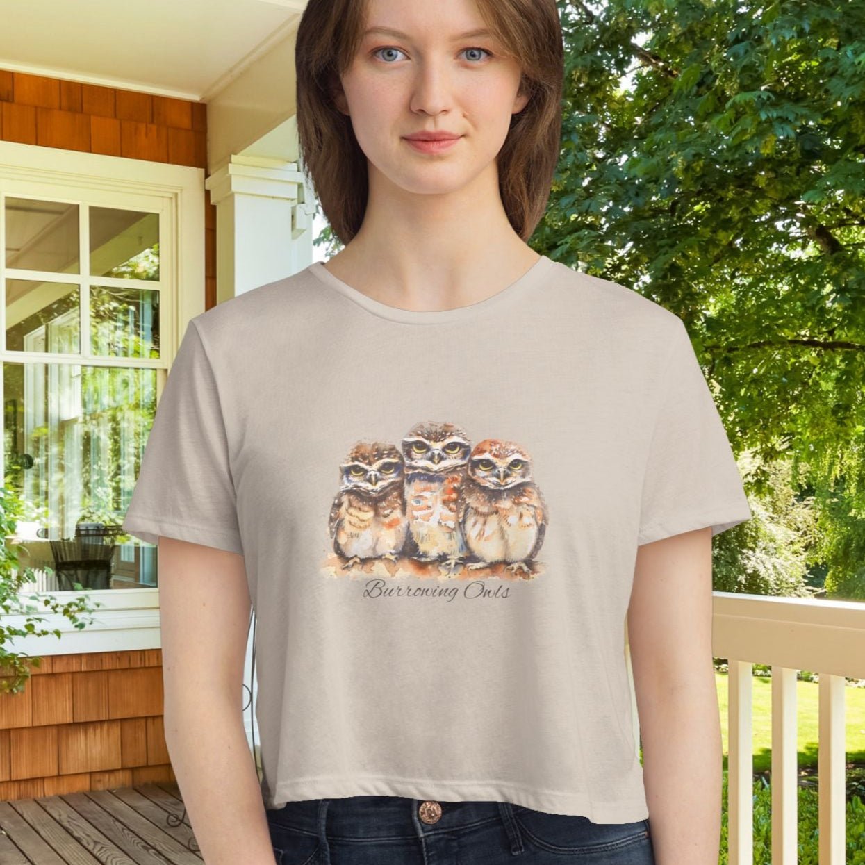 Burrowing Owl Crop Top T-Shirt – Watercolor Baby Owls Art on Bella + Canvas Tee - FlooredByArt