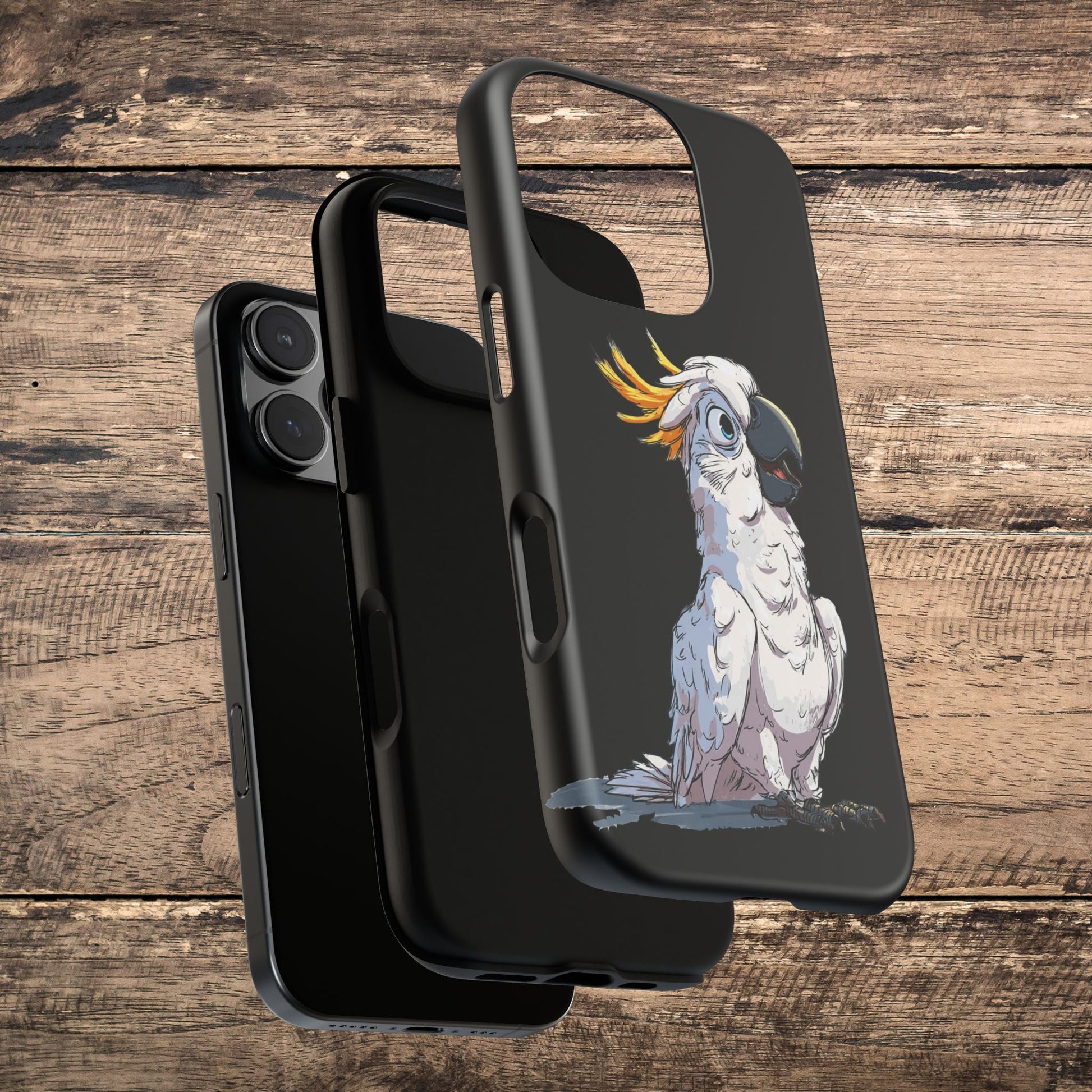 Cartoon Cockatoo Phone Case – Funny Bird Lover iPhone Cover, Black 2 Layer Tough Protection - FlooredByArt