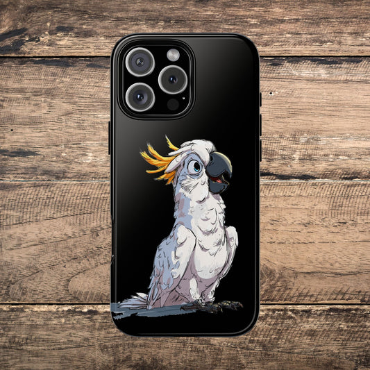 Cartoon Cockatoo Phone Case – Funny Bird Lover iPhone Cover, Black 2 Layer Tough Protection - FlooredByArt