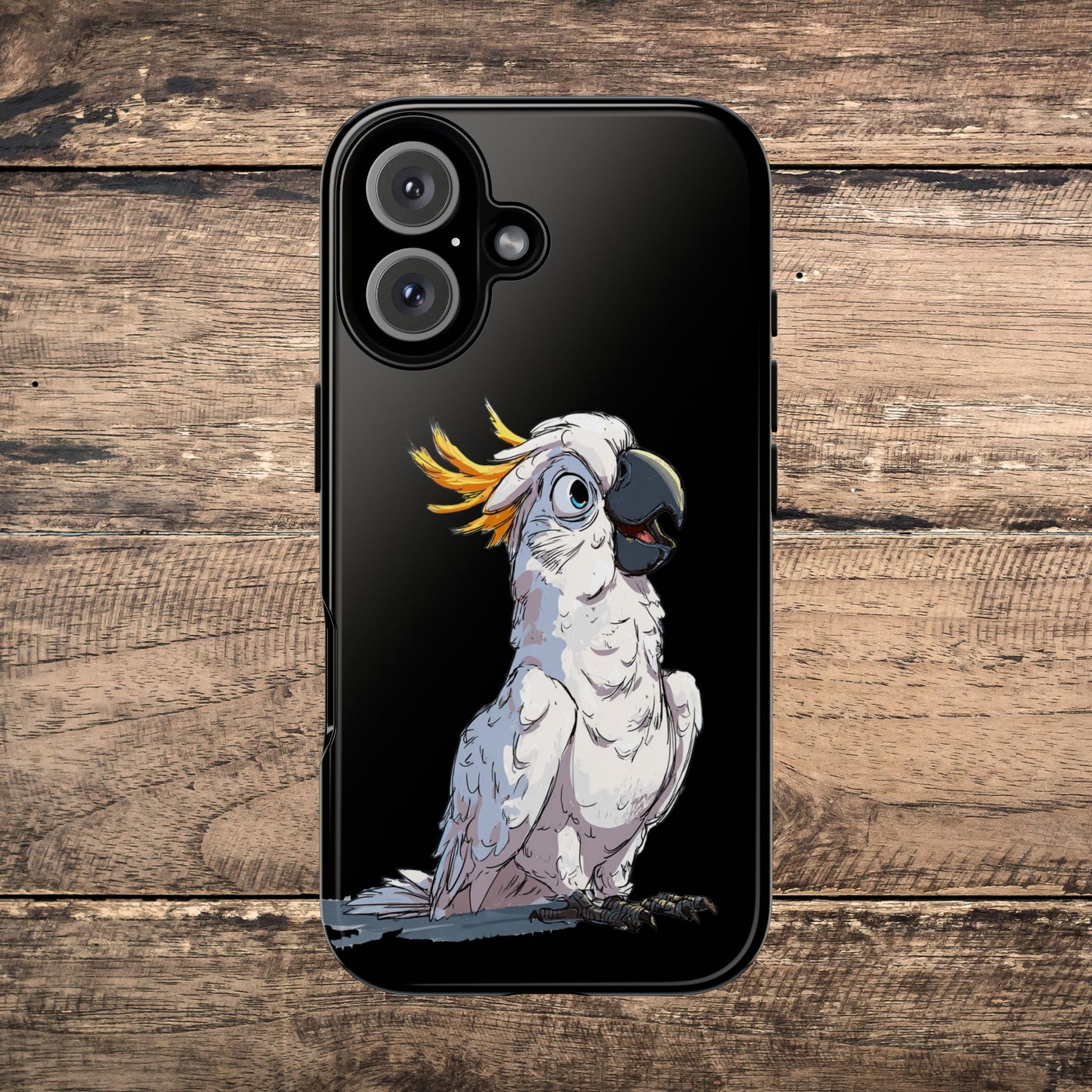 Cartoon Cockatoo Phone Case – Funny Bird Lover iPhone Cover, Black 2 Layer Tough Protection - FlooredByArt