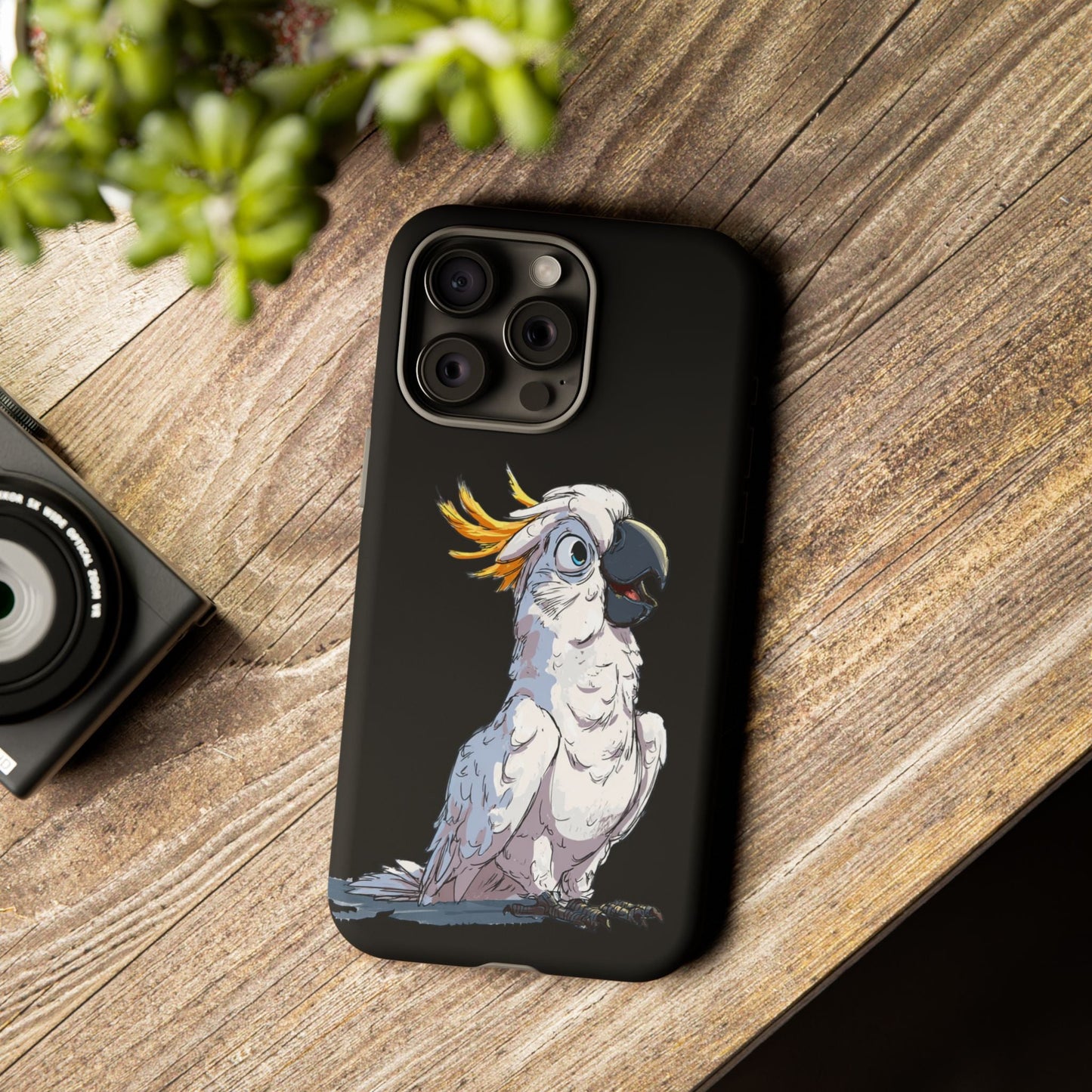 Cartoon Cockatoo Phone Case – Funny Bird Lover iPhone Cover, Black 2 Layer Tough Protection - FlooredByArt