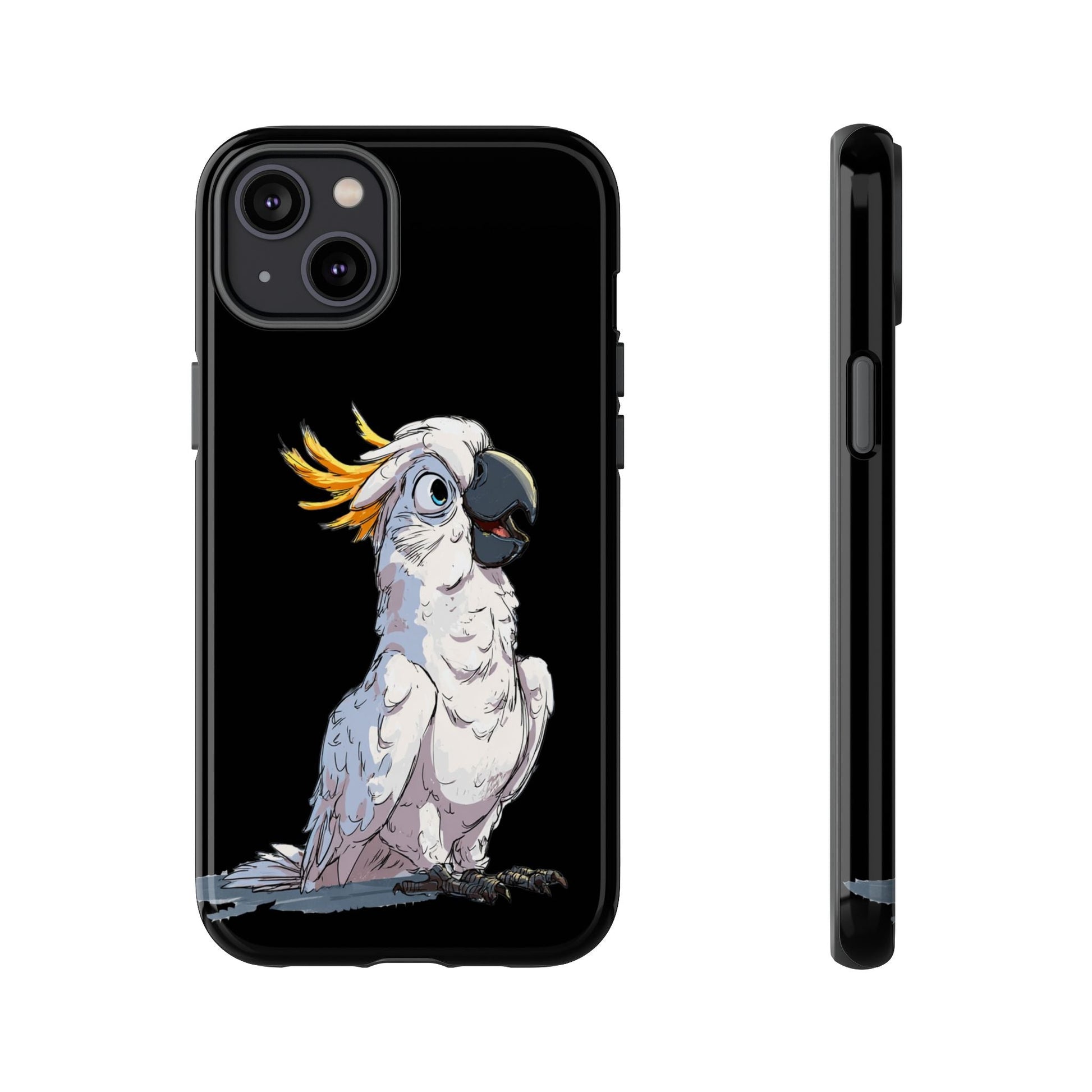 Cartoon Cockatoo Phone Case – Funny Bird Lover iPhone Cover, Black 2 Layer Tough Protection - FlooredByArt