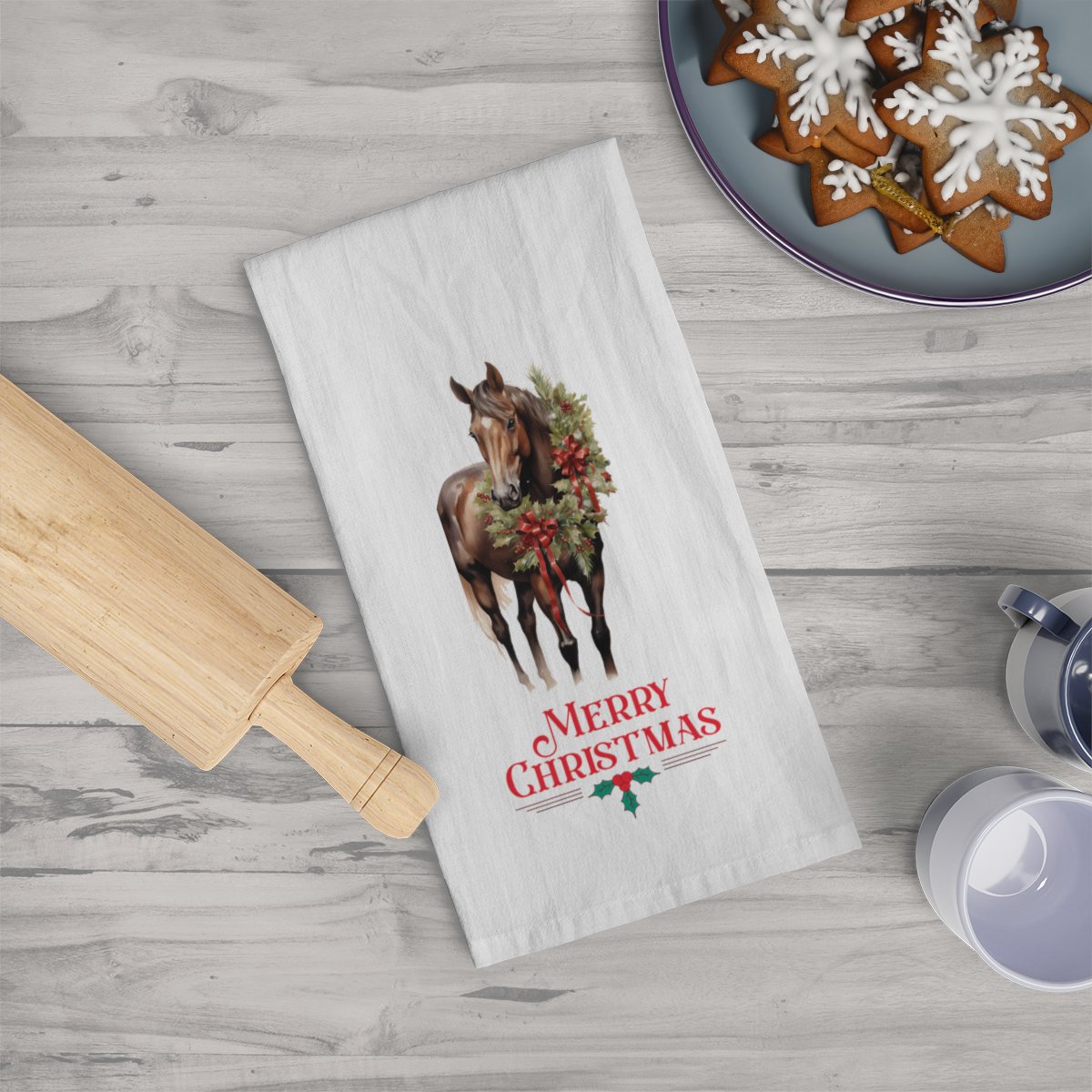 Chrismas Bay Horse Kitchen Tea Towels, Horse Christmas Decor - FlooredByArt