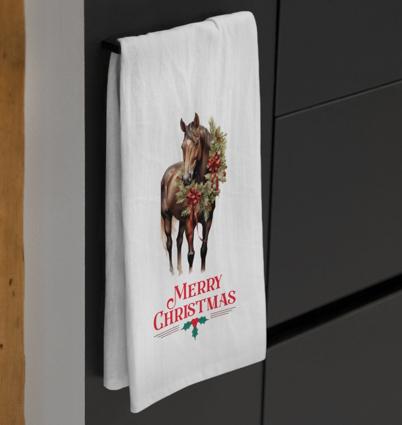 Chrismas Bay Horse Kitchen Tea Towels, Horse Christmas Decor - FlooredByArt