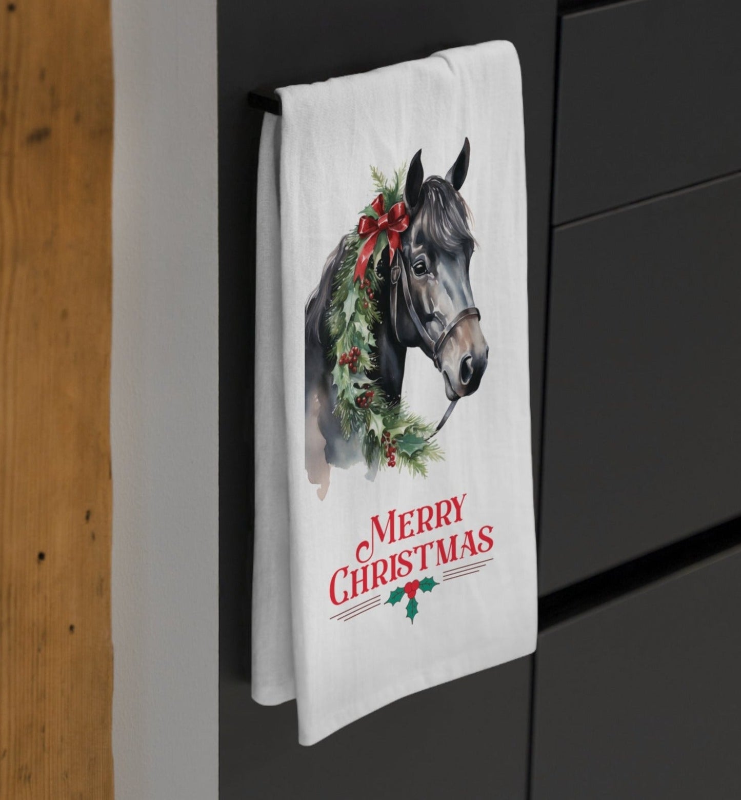 Chrismas Black Horse Cotton Kitchen Tea Towel, Christmas Horse Decor - FlooredByArt