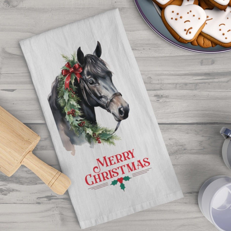 Chrismas Black Horse Cotton Kitchen Tea Towel, Christmas Horse Decor - FlooredByArt