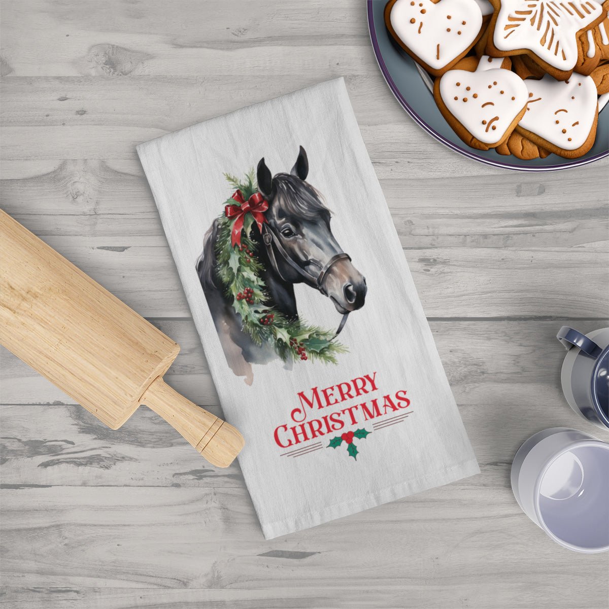 Chrismas Black Horse Cotton Kitchen Tea Towel, Christmas Horse Decor - FlooredByArt