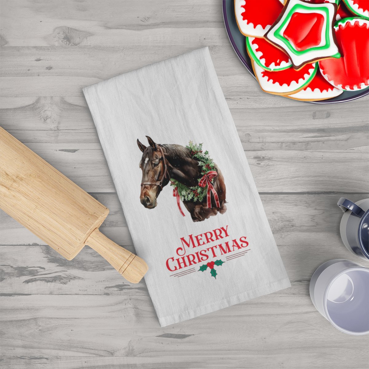 Chrismas Black Horse With Star Kitchen Tea Towels, Christmas Decor - FlooredByArt