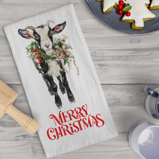 Chrismas Black & White Goat #2 on Kitchen Tea Towel, Holiday Decor - FlooredByArt