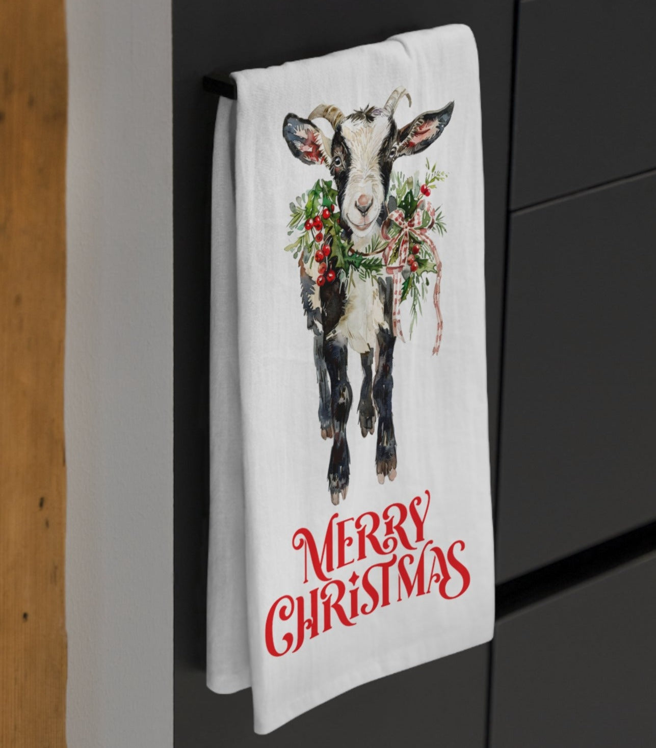 Chrismas Black & White Goat #2 on Kitchen Tea Towel, Holiday Decor Tea Towel - FlooredByArt