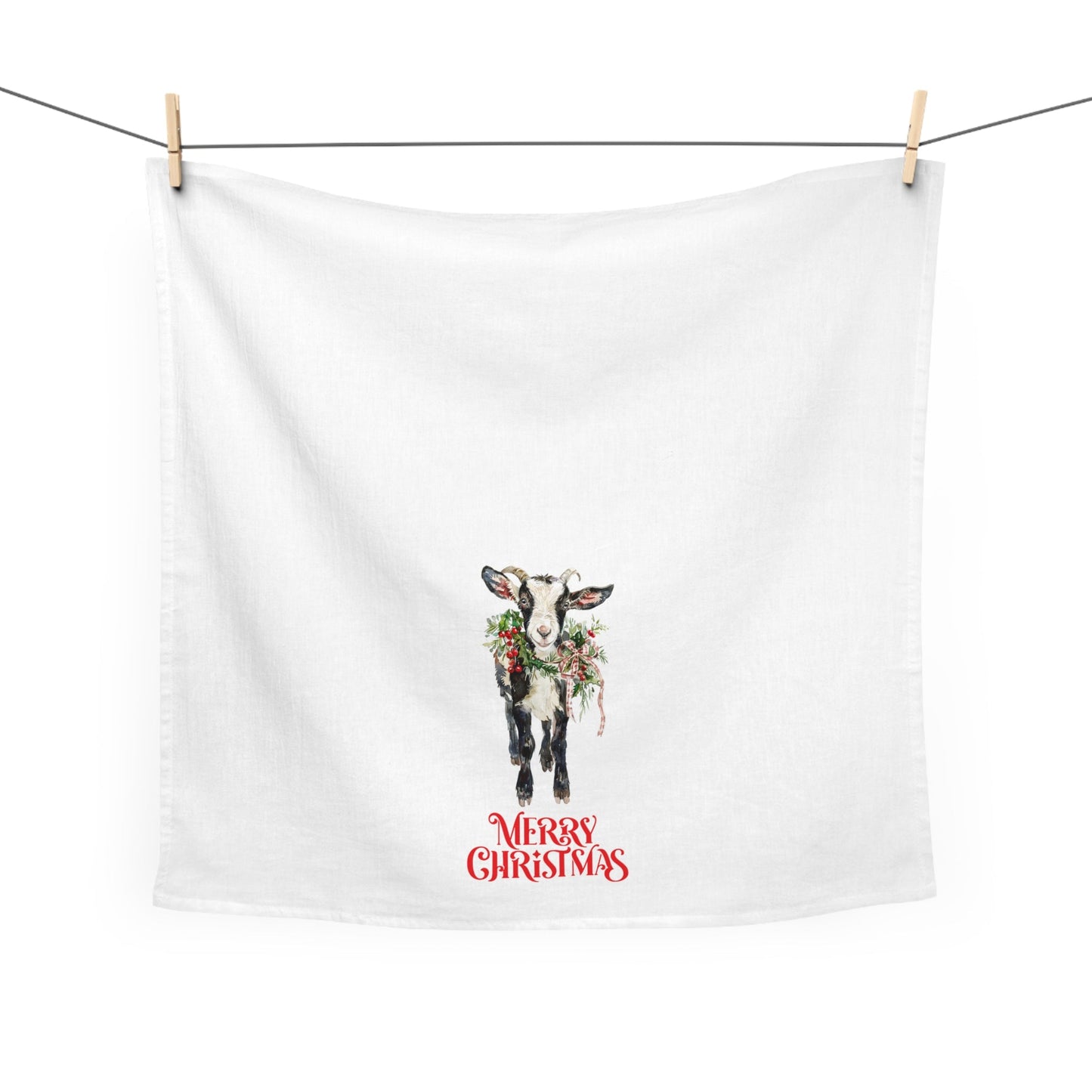 Chrismas Black & White Goat #2 on Kitchen Tea Towel, Holiday Decor Tea Towel - FlooredByArt