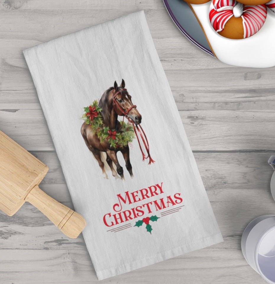 Chrismas Brown Horse Kitchen Tea Towels, Christmas Horse Decor - FlooredByArt