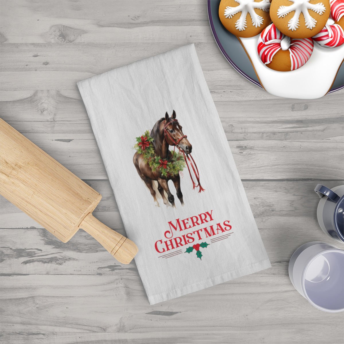 Chrismas Brown Horse Kitchen Tea Towels, Christmas Horse Decor - FlooredByArt