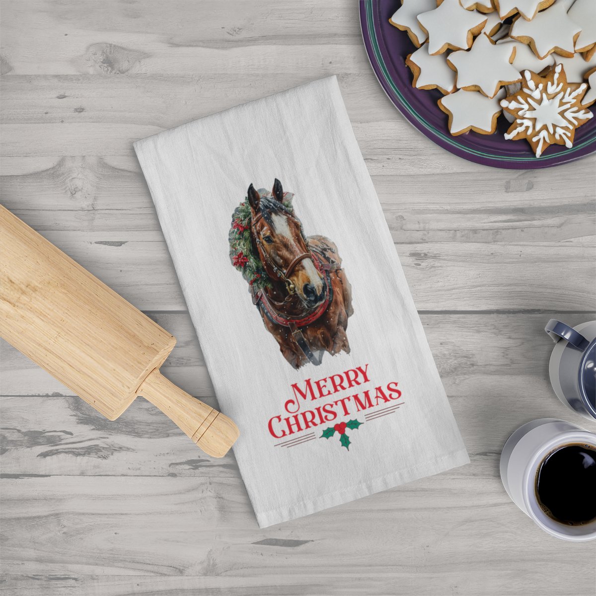 Chrismas Brown Horse Kitchen Tea Towels, Dark Bay Horse with Blaze Face Christmas Decor - FlooredByArt