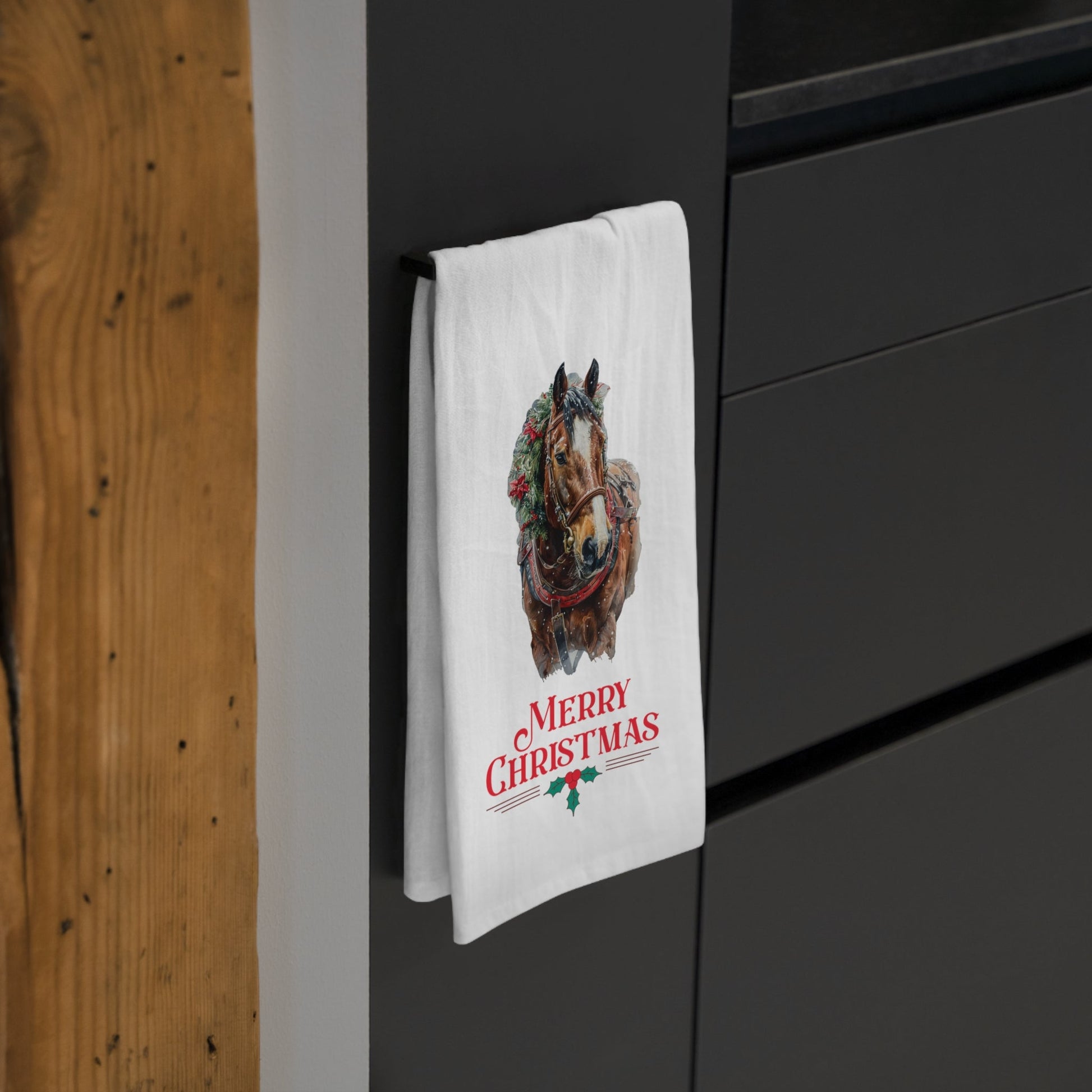 Chrismas Brown Horse Kitchen Tea Towels, Dark Bay Horse with Blaze Face Christmas Decor - FlooredByArt