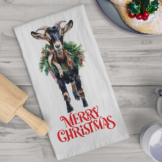 Chrismas Goat on Kitchen Tea Towel, Black & Tan Farm Goat Decor Gift - FlooredByArt