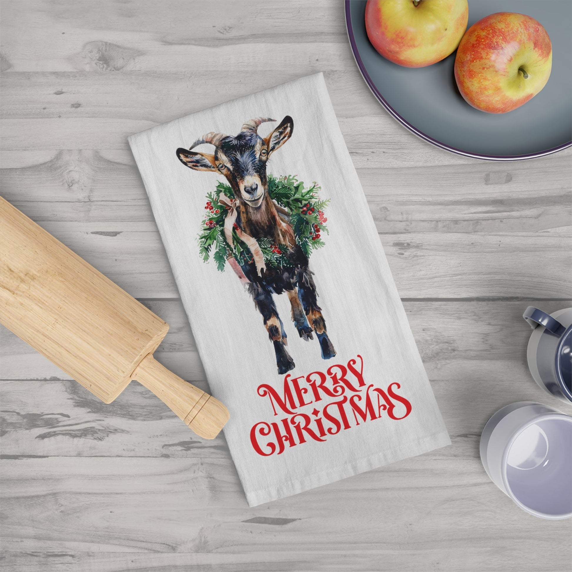 Chrismas Goat on Kitchen Tea Towel, Black & Tan Farm Goat Decor Gift - FlooredByArt