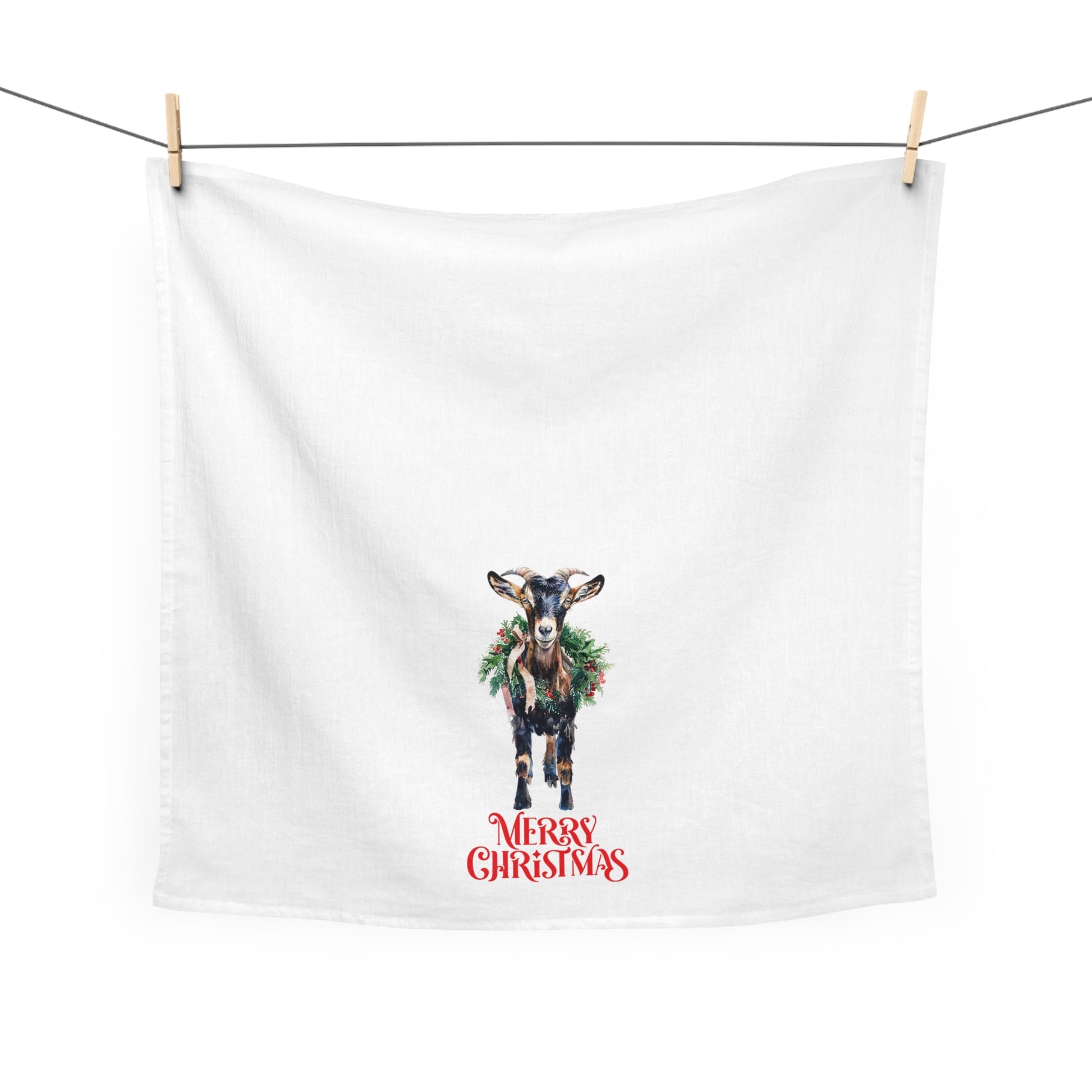 Chrismas Goat on Kitchen Tea Towel, Black & Tan Farm Goat Decor Gift - FlooredByArt