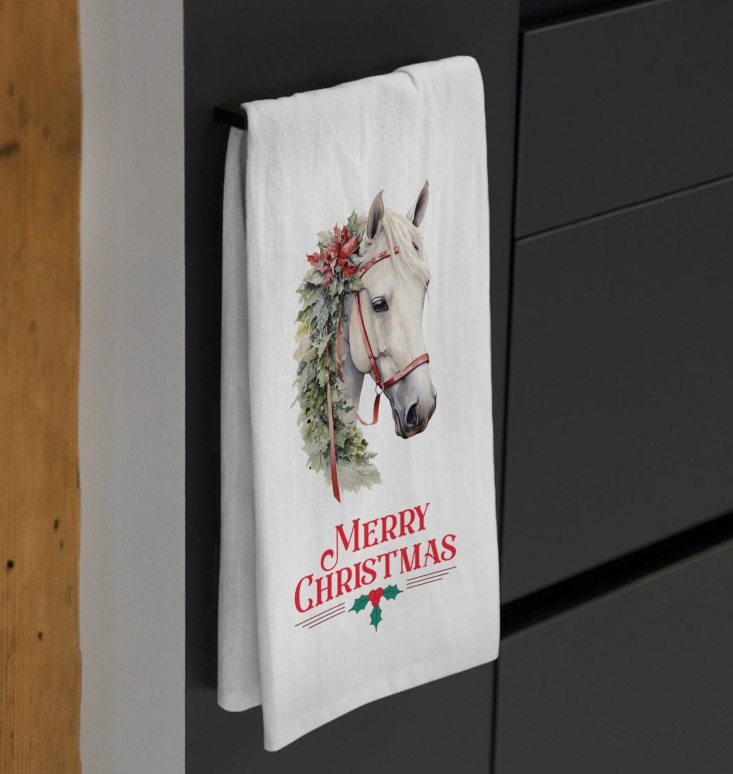 Chrismas Horse Kitchen Towels, White Horse Christmas Decor Tea Towels - FlooredByArt