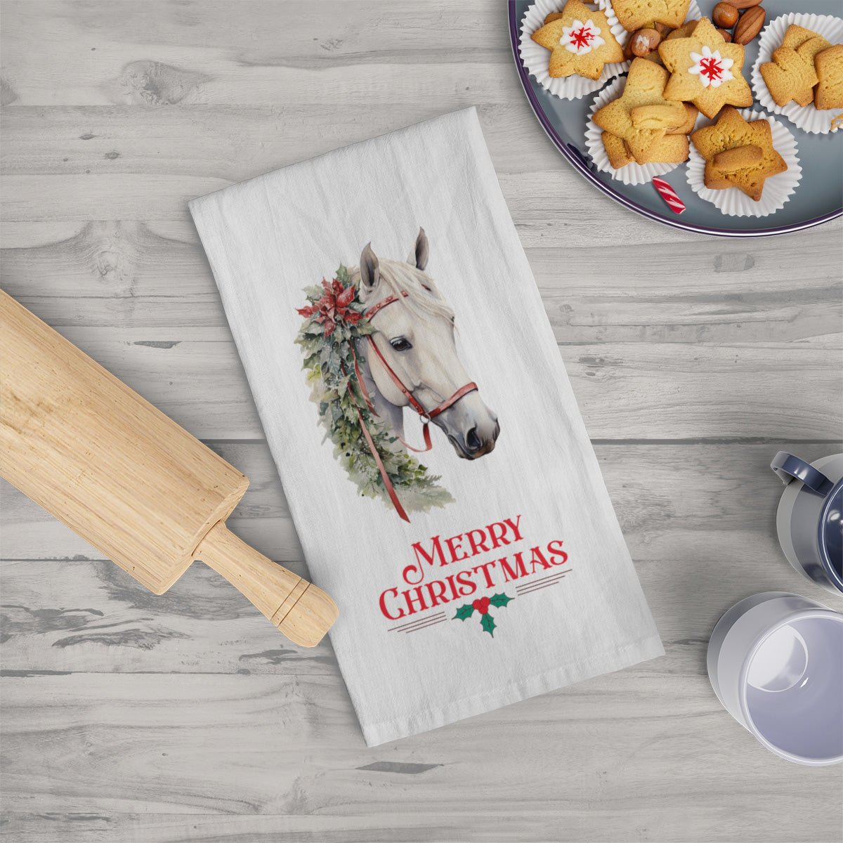 Chrismas Horse Kitchen Towels, White Horse Christmas Decor Tea Towels - FlooredByArt