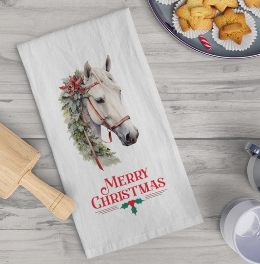 Chrismas Horse Kitchen Towels, White Horse Christmas Decor Tea Towels - FlooredByArt