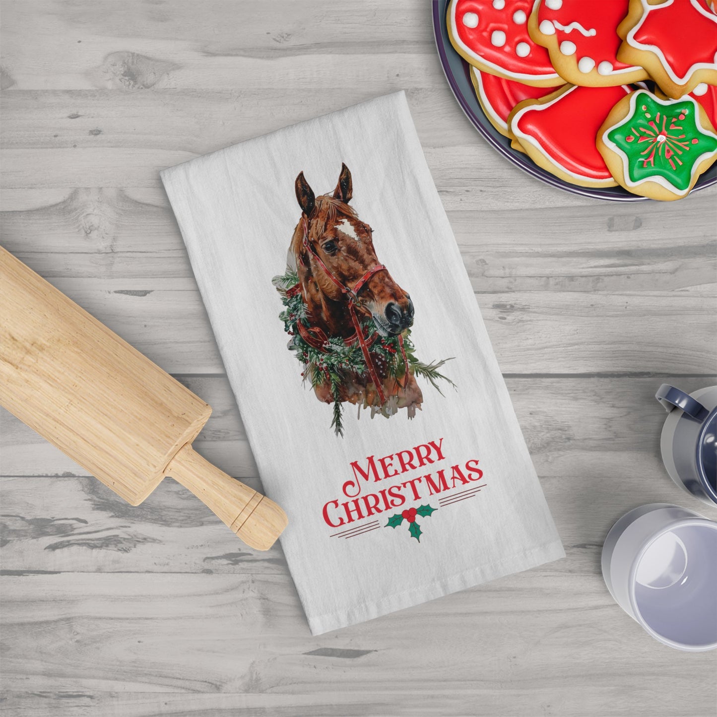 Chrismas Red Sorrel Horse Kitchen Tea Towels, Sorrel with Star Horse Christmas Decor - FlooredByArt
