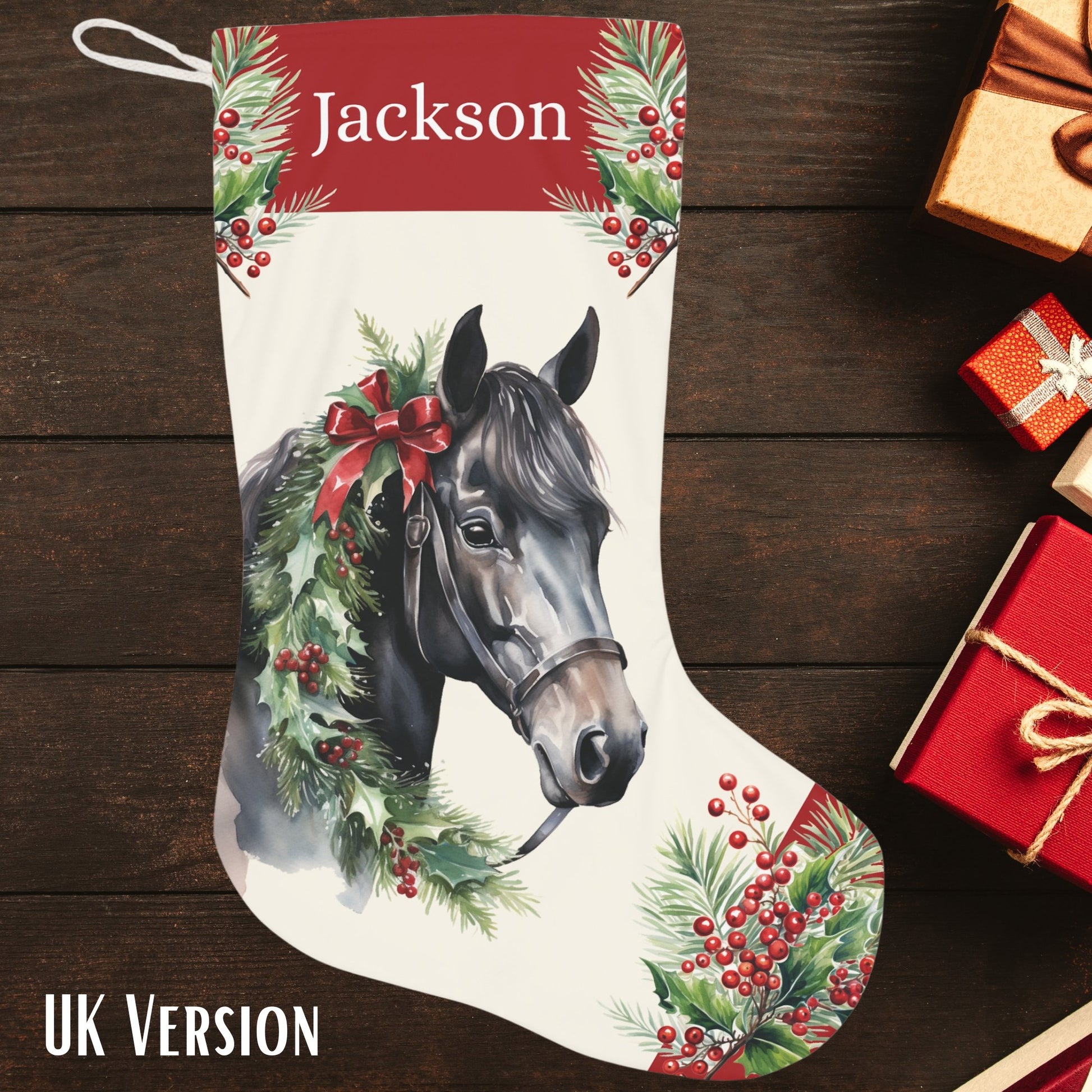 Christmas Black Horse Stocking, Mule Nose Bay Extra Large Holiday Stocking - FlooredByArt