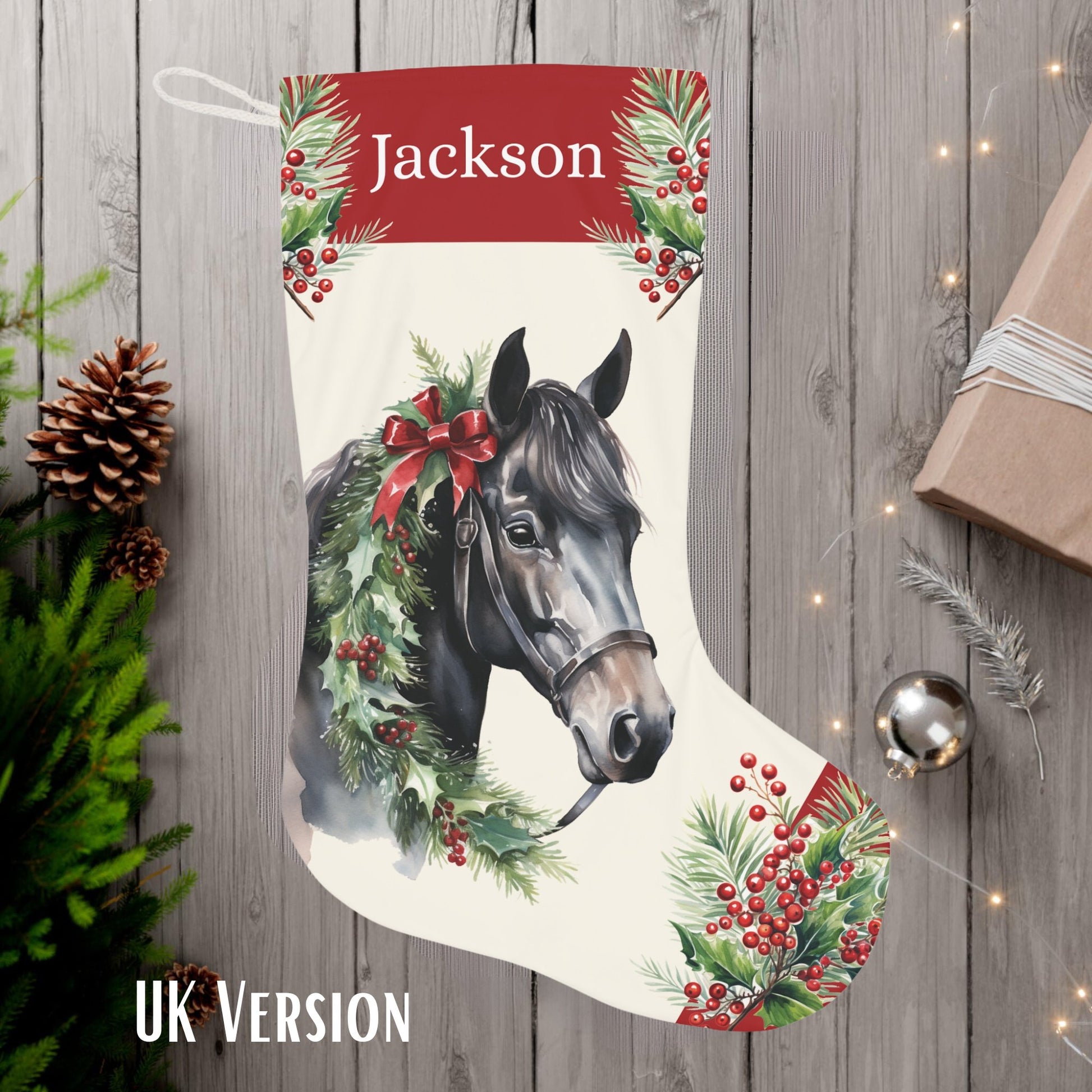 Christmas Black Horse Stocking, Mule Nose Bay Extra Large Holiday Stocking - FlooredByArt