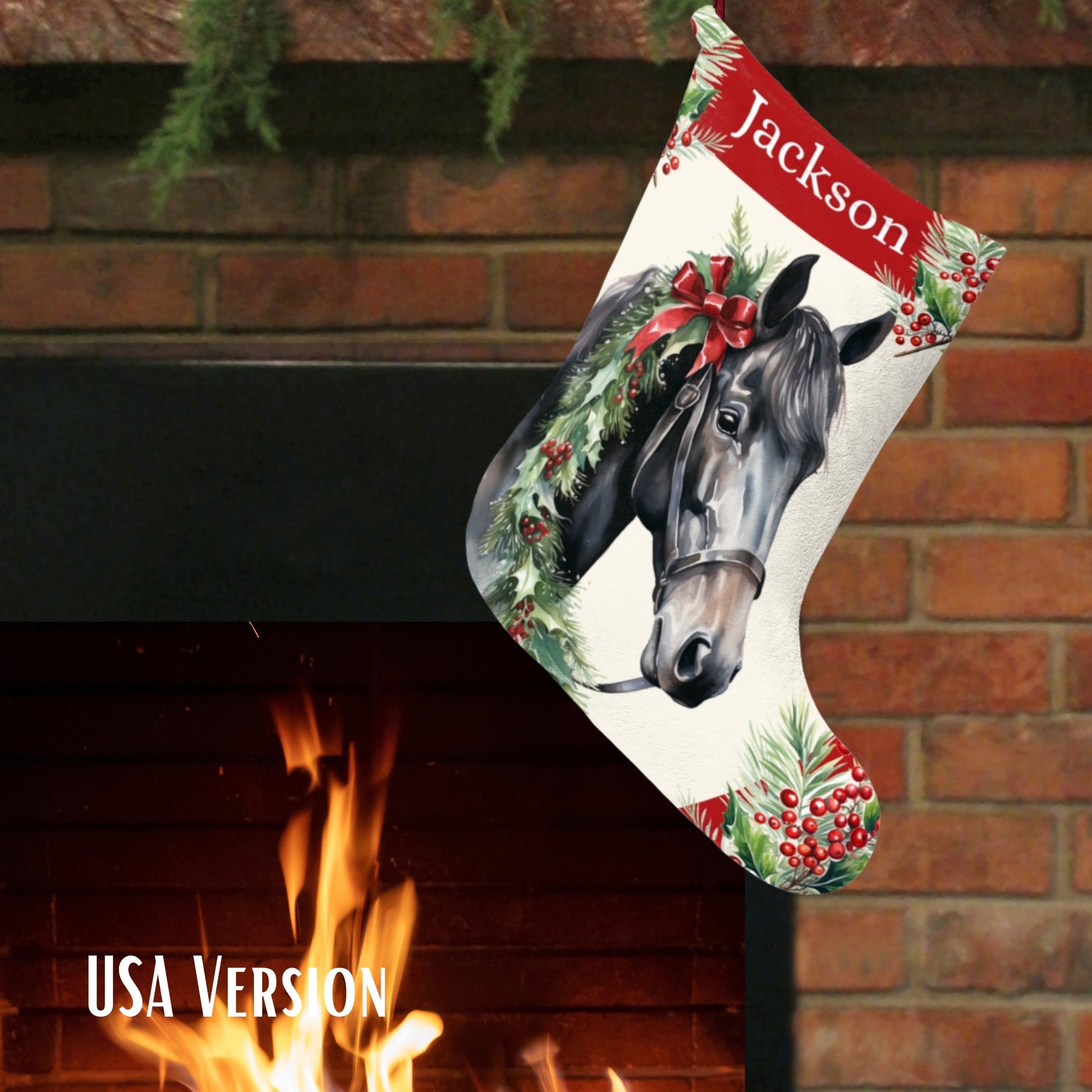 Christmas Black Horse Stocking, Mule Nose Bay Extra Large Holiday Stocking - FlooredByArt