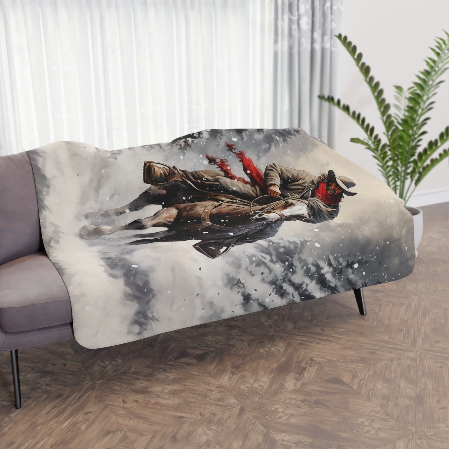 Christmas Cowboy with Horse Blanket Throw - A Timeless Holiday Keepsake for Horse Lovers - FlooredByArt