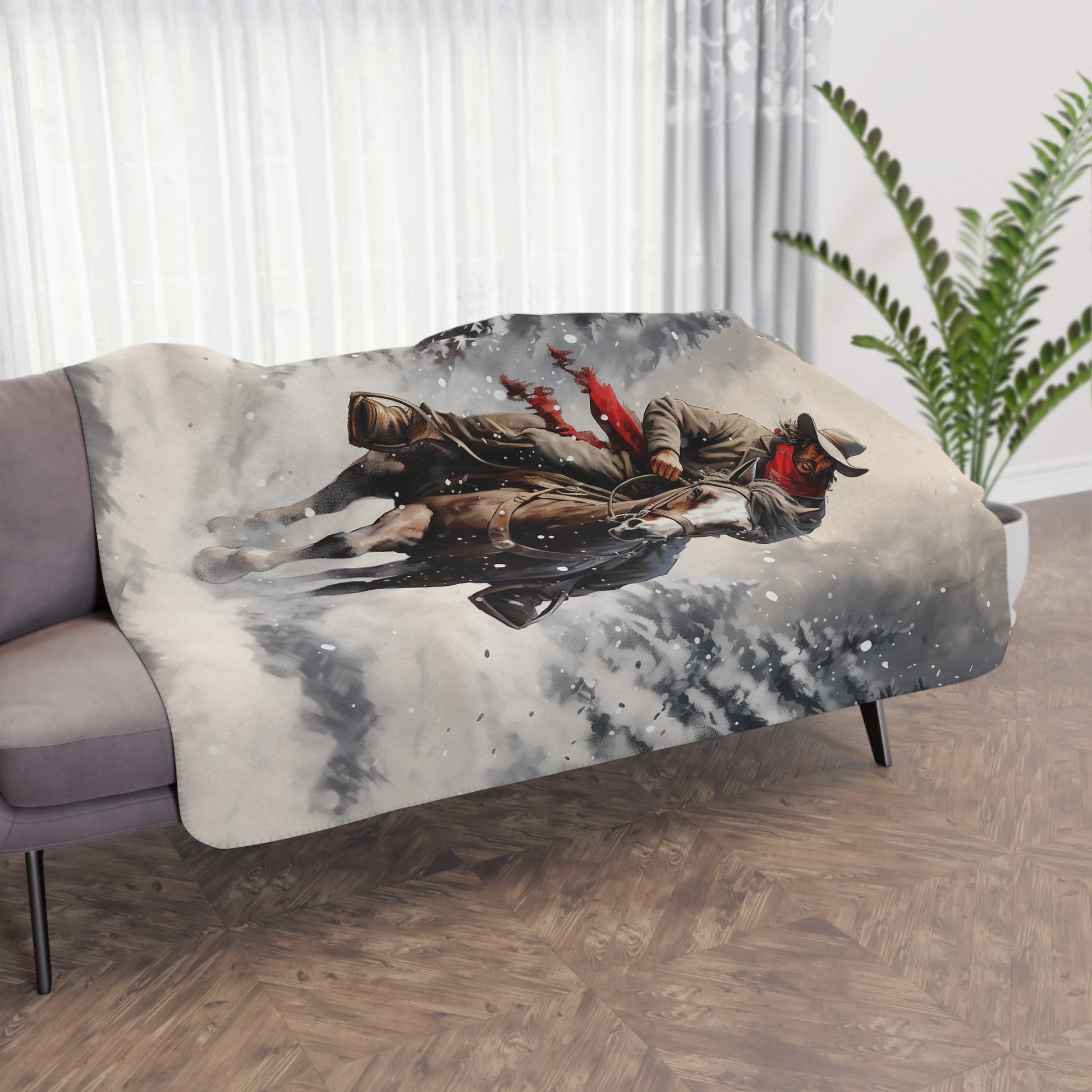 Christmas Cowboy with Horse Blanket Throw - A Timeless Holiday Keepsake for Horse Lovers - FlooredByArt