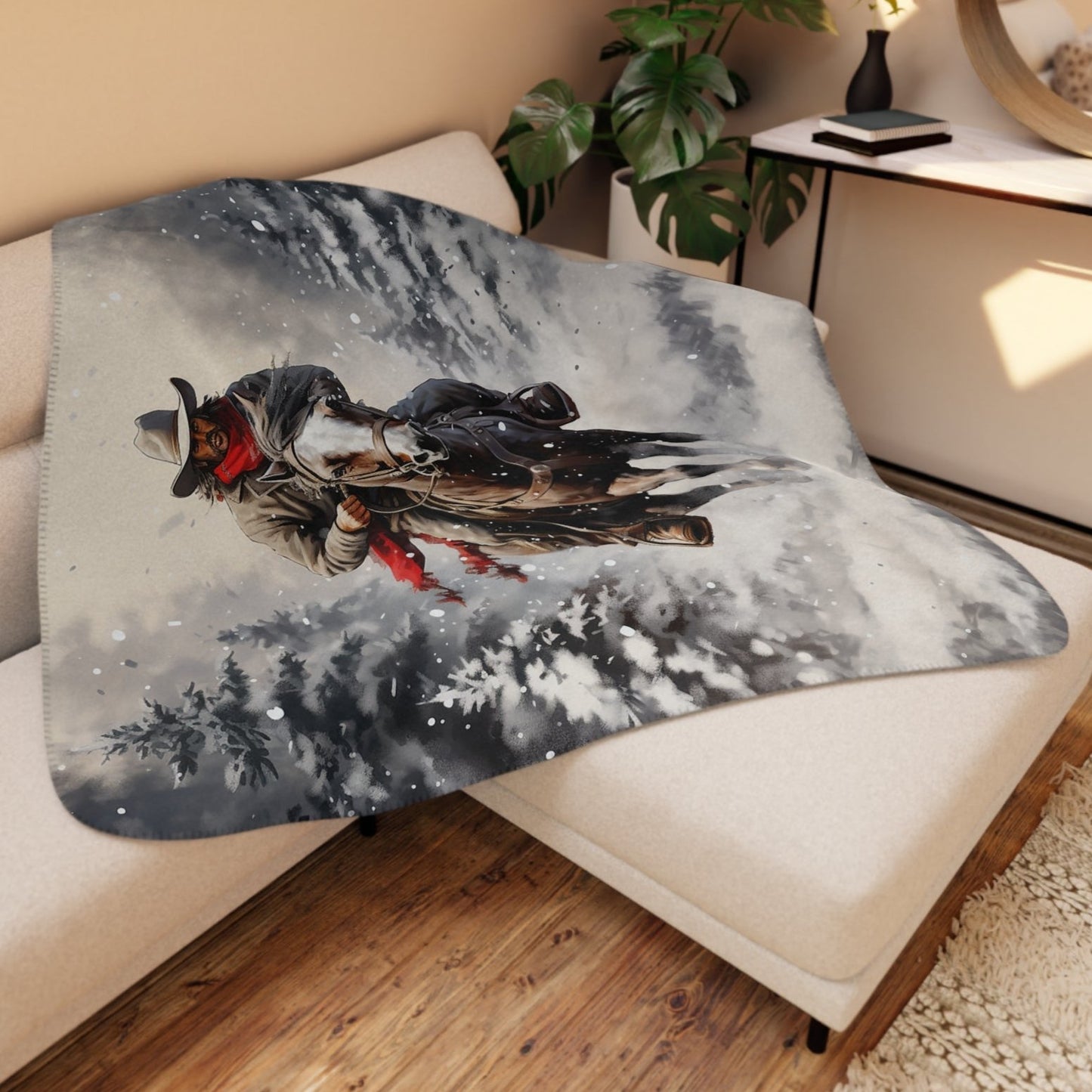 Christmas Cowboy with Horse Blanket Throw - A Timeless Holiday Keepsake for Horse Lovers - FlooredByArt