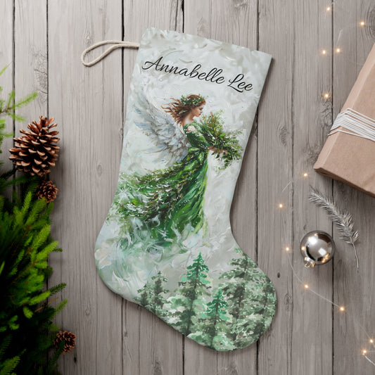 Christmas Green Angel Stocking: Extra Large Holiday Angel Stocking, Family Christmas Decor, Original Artwork Design, Heavenly Angel Gift - FlooredByArt