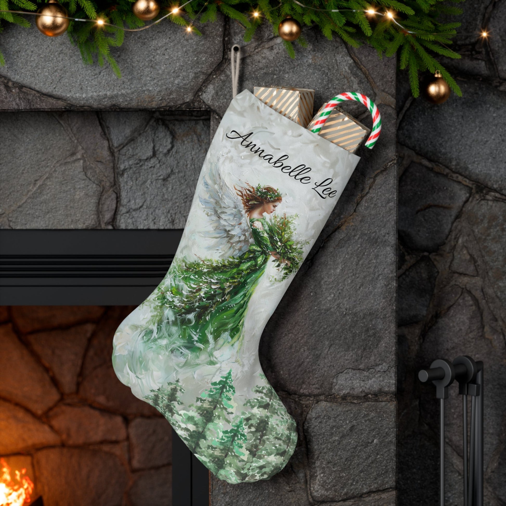 Christmas Green Angel Stocking: Extra Large Holiday Angel Stocking, Family Christmas Decor, Original Artwork Design, Heavenly Angel Gift - FlooredByArt