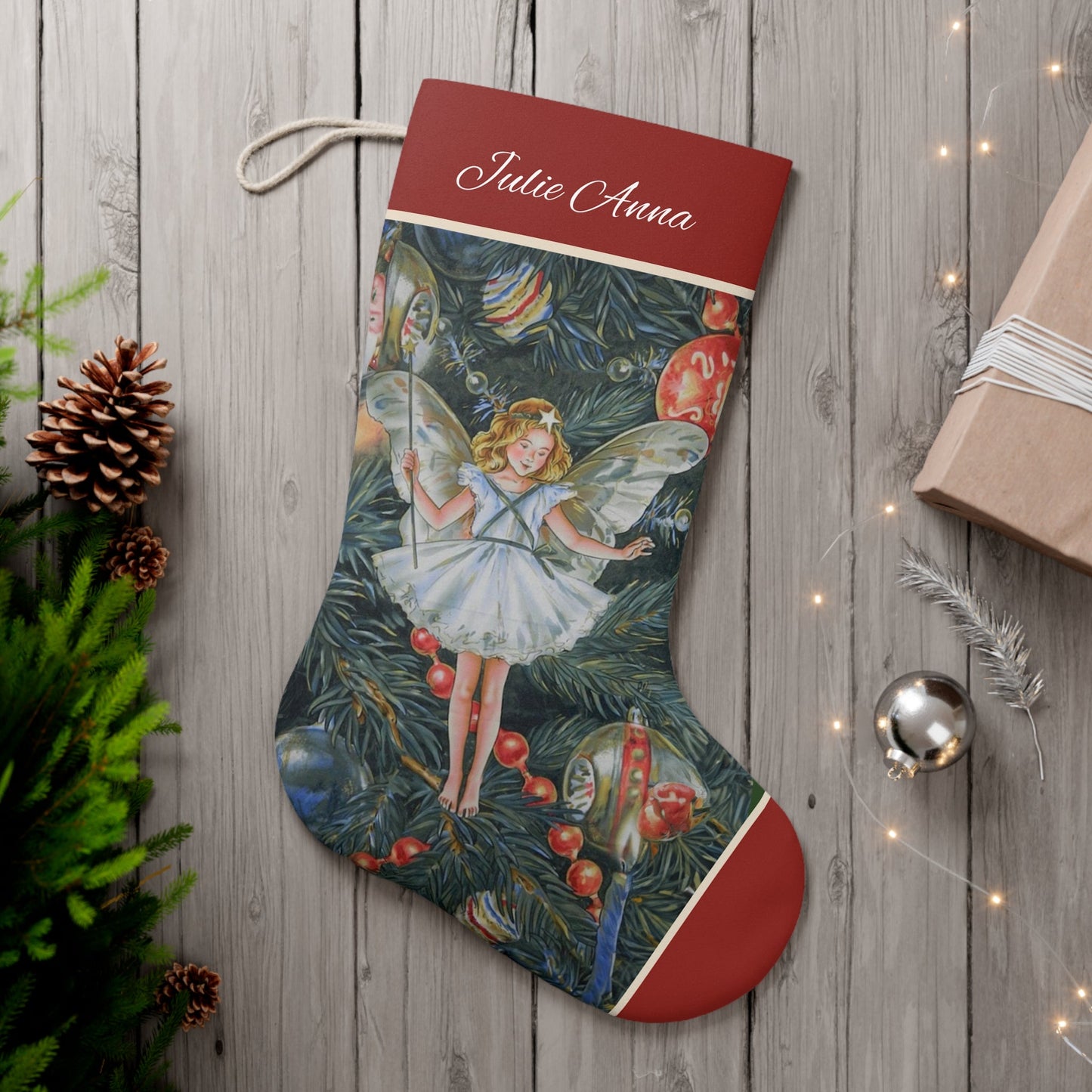 Christmas Tree Fairy Stocking, Large Holiday Tree Angel Stocking, Family Christmas Decor - FlooredByArt