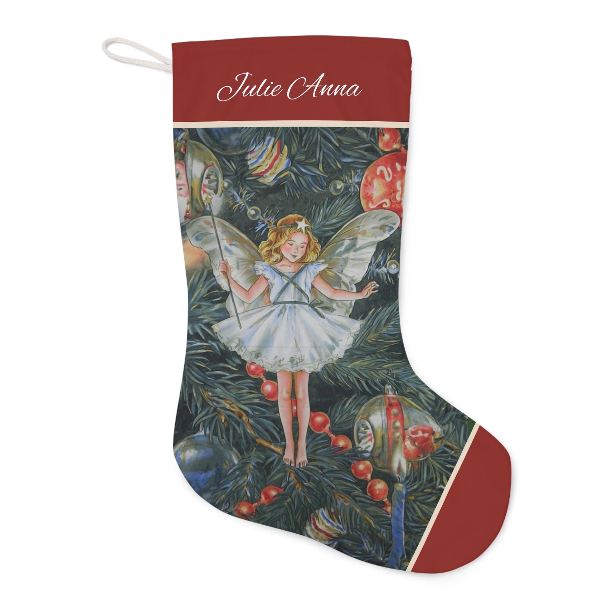 Christmas Tree Fairy Stocking, Large Holiday Tree Angel Stocking, Family Christmas Decor - FlooredByArt