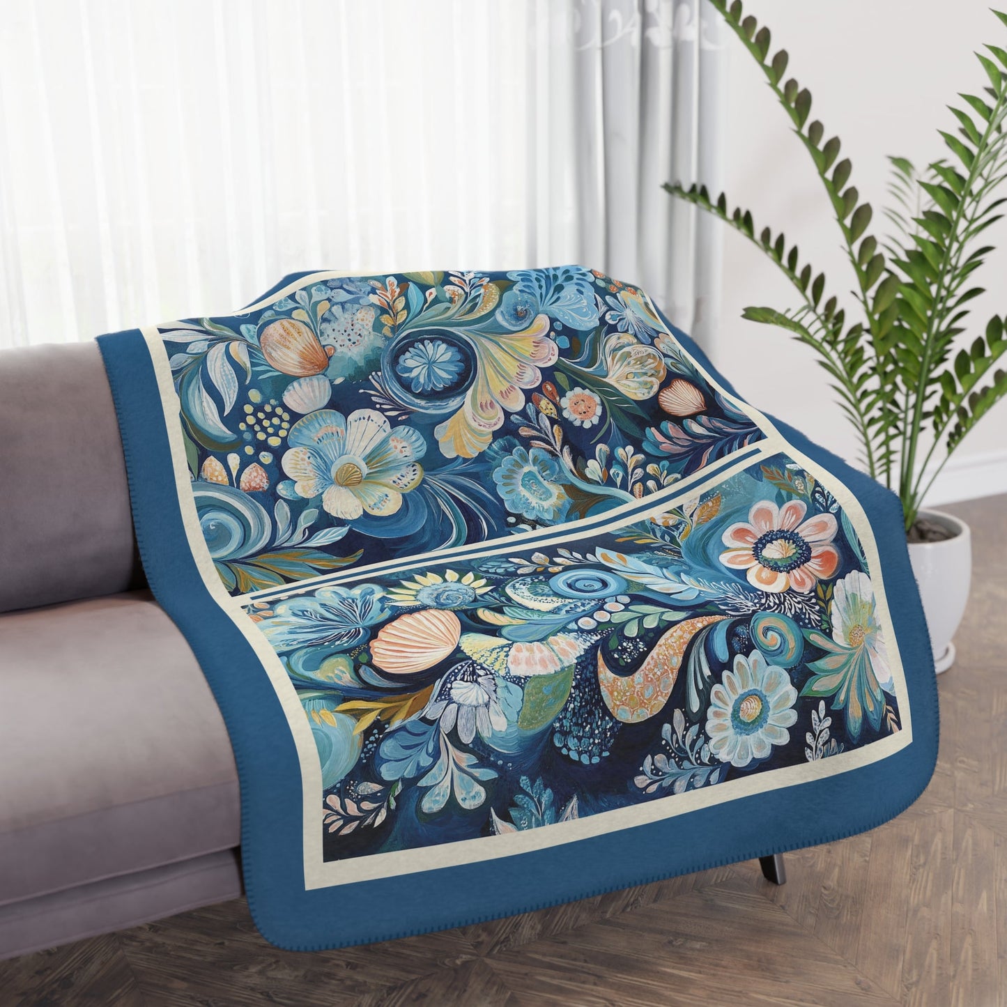 Coastal Beach Cottage Blanket, Scandi Stylized Shells Folk Art Throw, Rosemaling - FlooredByArt