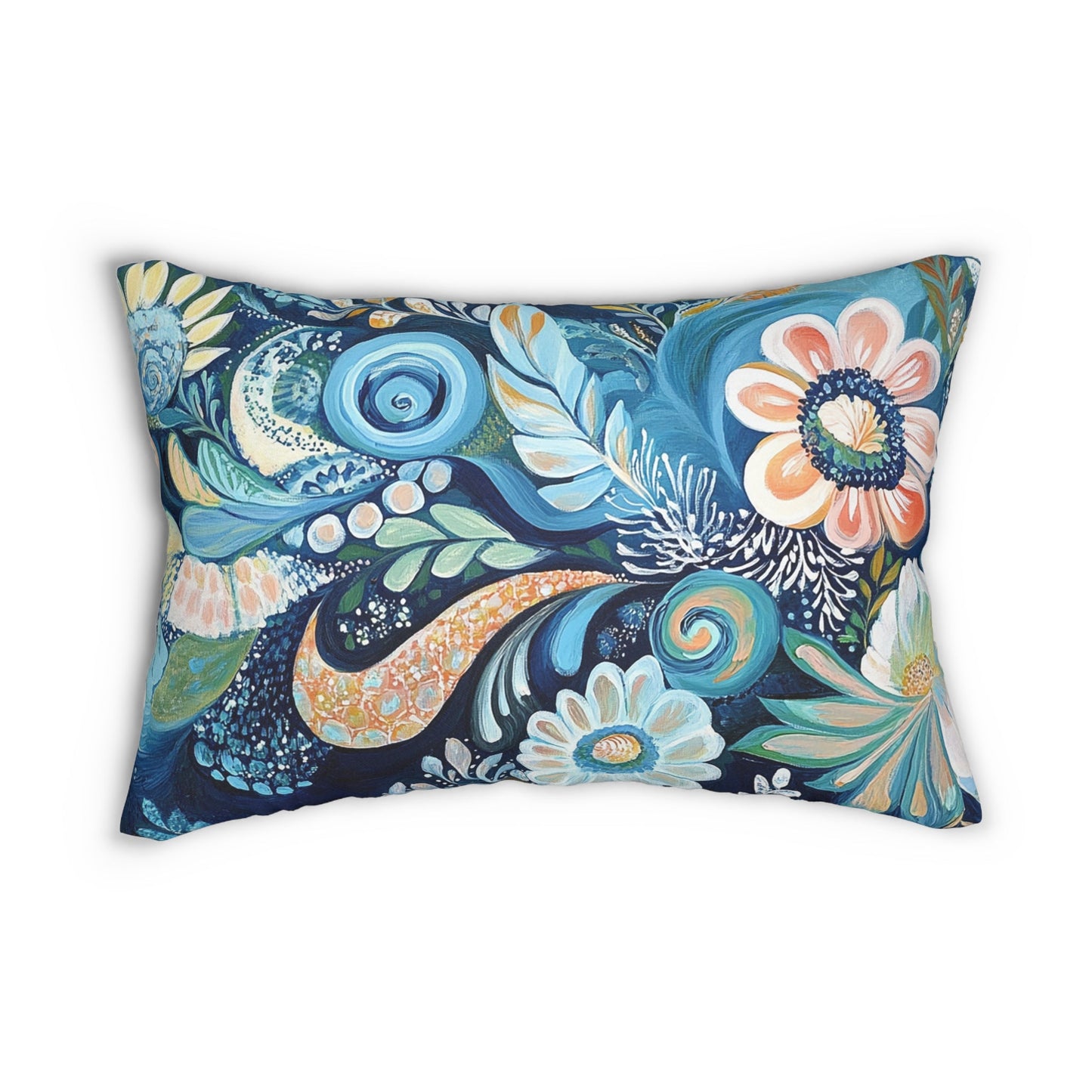 Coastal Beach Decor Lumbar Pillow, Scandi Stylized Shells Folk Art Throw Cushion - FlooredByArt