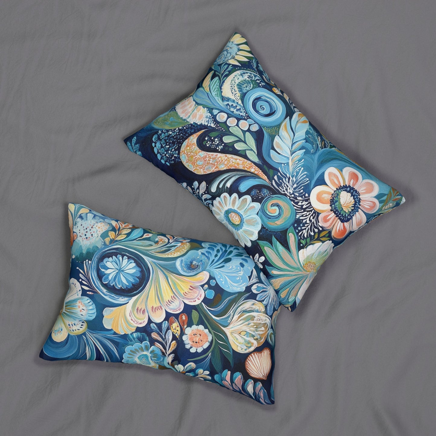 Coastal Beach Decor Lumbar Pillow, Scandi Stylized Shells Folk Art Throw Cushion - FlooredByArt