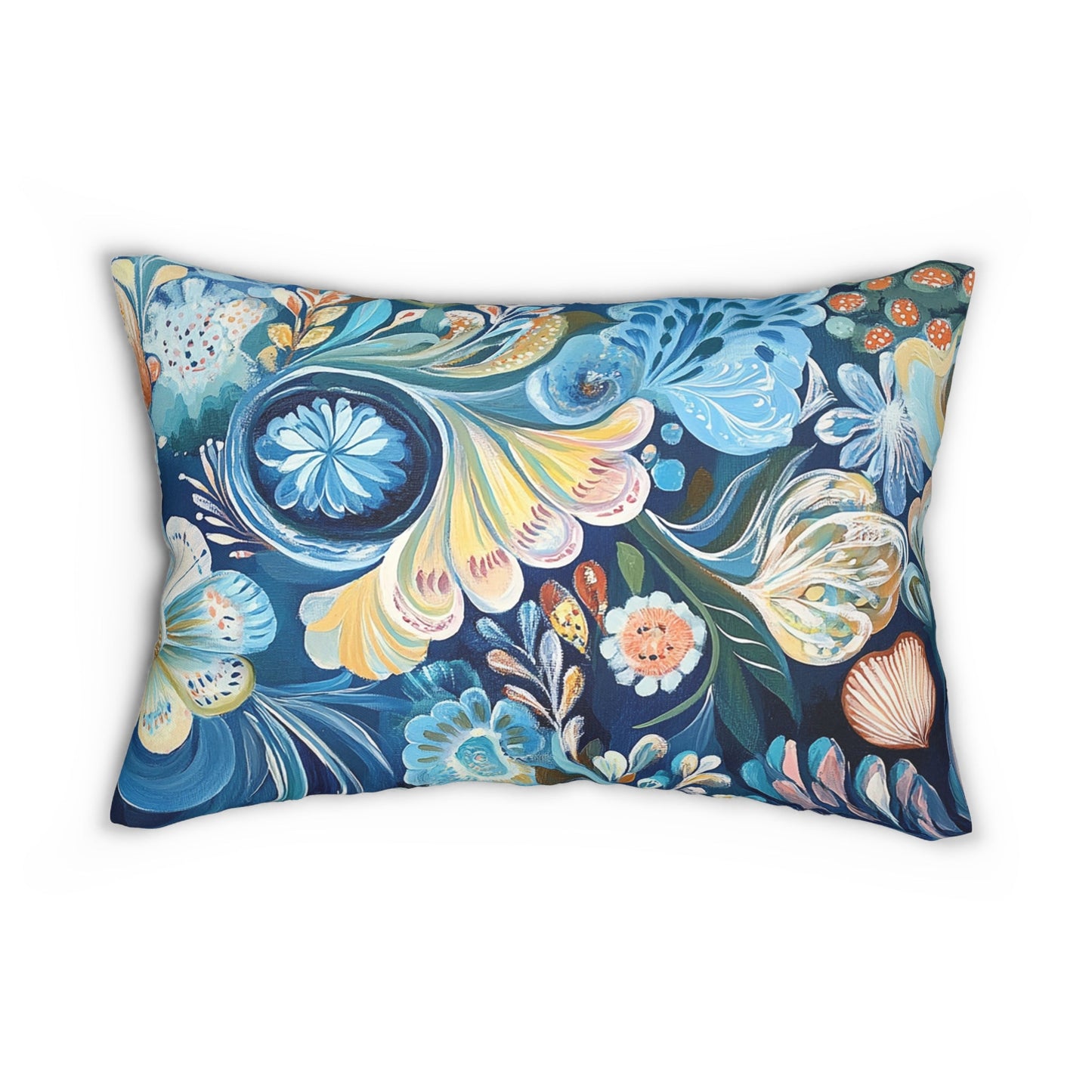 Coastal Beach Decor Lumbar Pillow, Scandi Stylized Shells Folk Art Throw Cushion - FlooredByArt