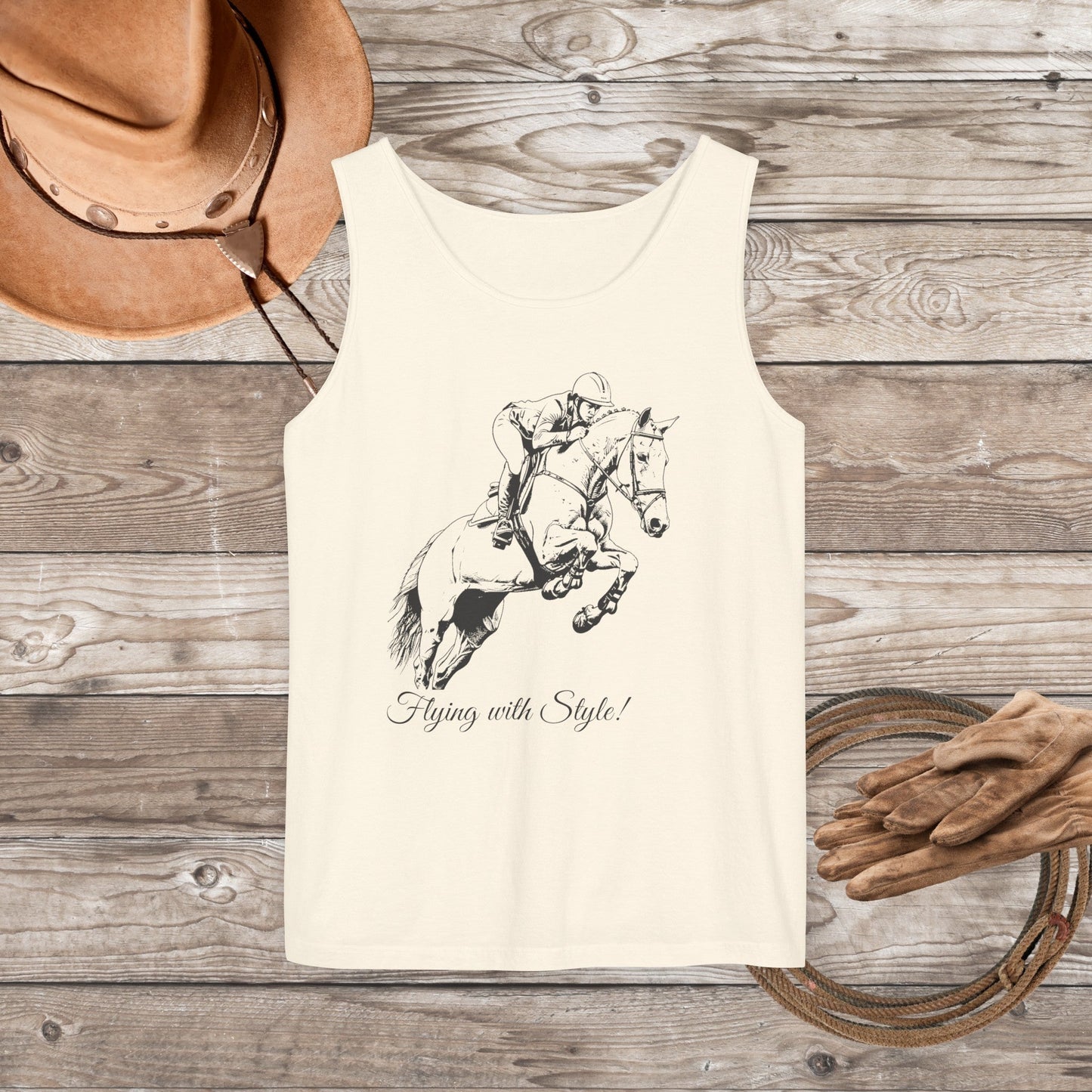 Comfort Color Hunter Jumper Tank Top, "Fly with Style" Horse Show - FlooredByArt