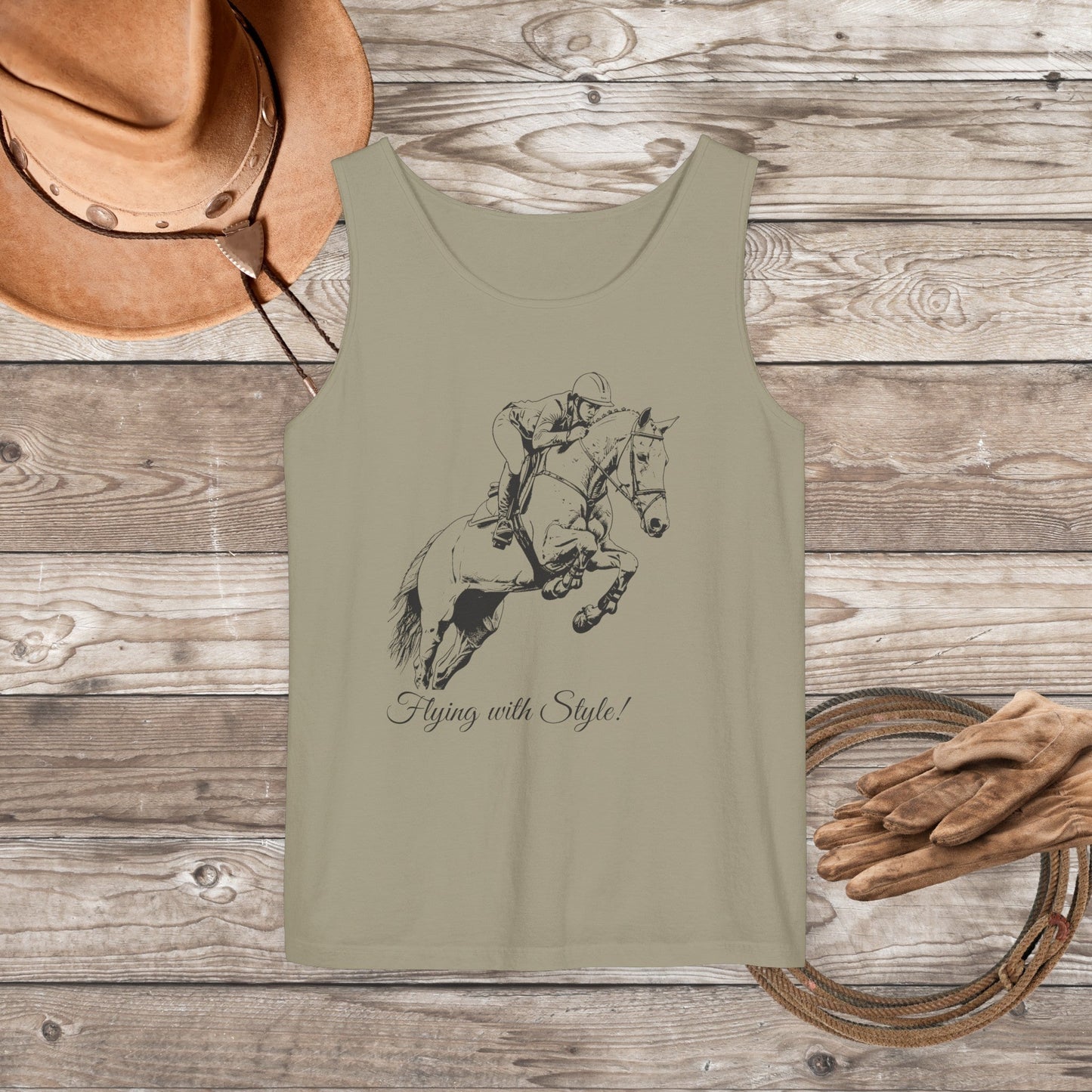 Comfort Color Hunter Jumper Tank Top, "Fly with Style" Horse Show - FlooredByArt